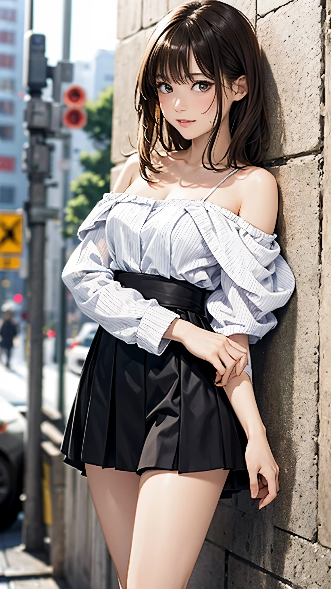 highest quality、4K quality、lean against the wall、Beautiful cleavage、Beautiful Style、tall、Small breasts、Bare buttocks、Small Ass、Shy face、20 year old princess、Bare shouldery skirt is blown up by the wind、ultra detail eye,Shooting from behind、Off-the-shoulder summer dress、Grab the hem of your skirt、nude legs