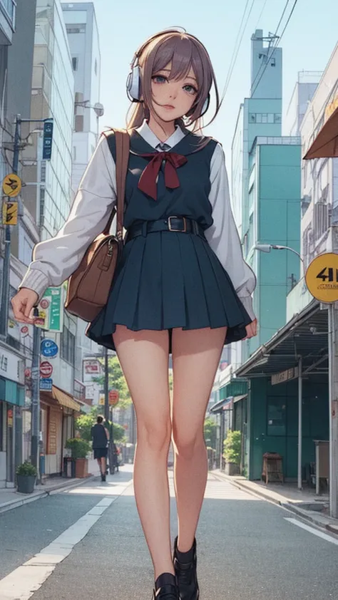 anime girls with headphones on walking across a busy city street, beautiful anime school girl, lofty girl, anime atmosphere, ani...