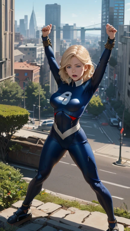 (Highly quality, masterpiece, detailed), city detailed scenario, city detailed background, (x shaped pasting stand), (hands up, spread hands, in stocks pose:1.5), 1girl, Susan Storm, blue eyes, blonde hair, full body blue bodysuit, sleeves, perfect face, big breasts, (shut closed eyes, tears:0.95), sighing