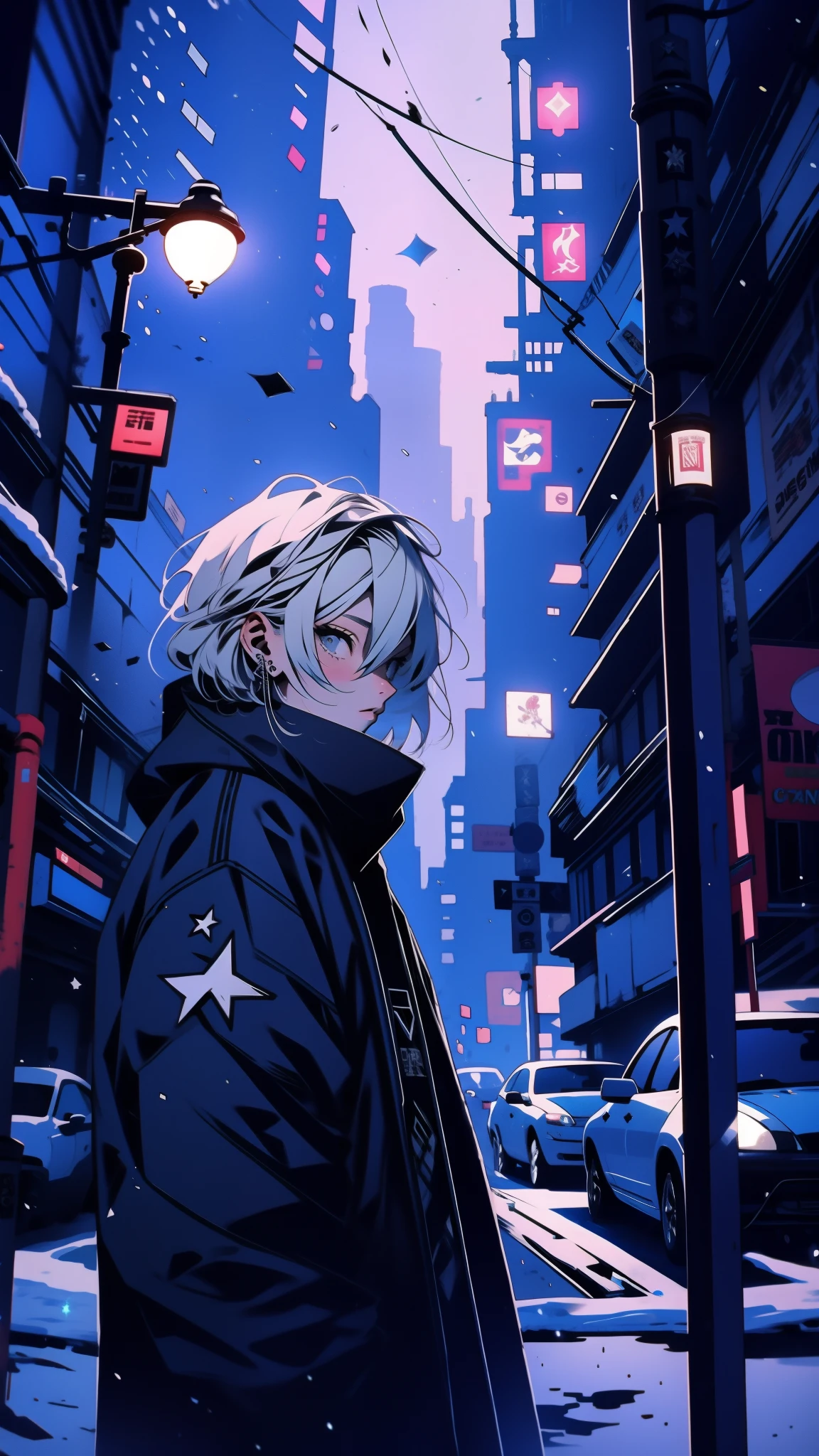 suspenseful movie scene, adolescent with distinctive white hair donned in winter attire, standing amidst a snow-covered city, dusk, stark contrast, darkening skyline, snowfall, high contrast ambiance, fantasy world, dark background, clean design, epic, artstation, colorful paint splatter, silhouette, hyper detailed intricate details, unreal engine, fantasy, splash screen, complementary colors, deviantart masterpiece, oil painting, heavy strokes, paint dripping, indifferent expression