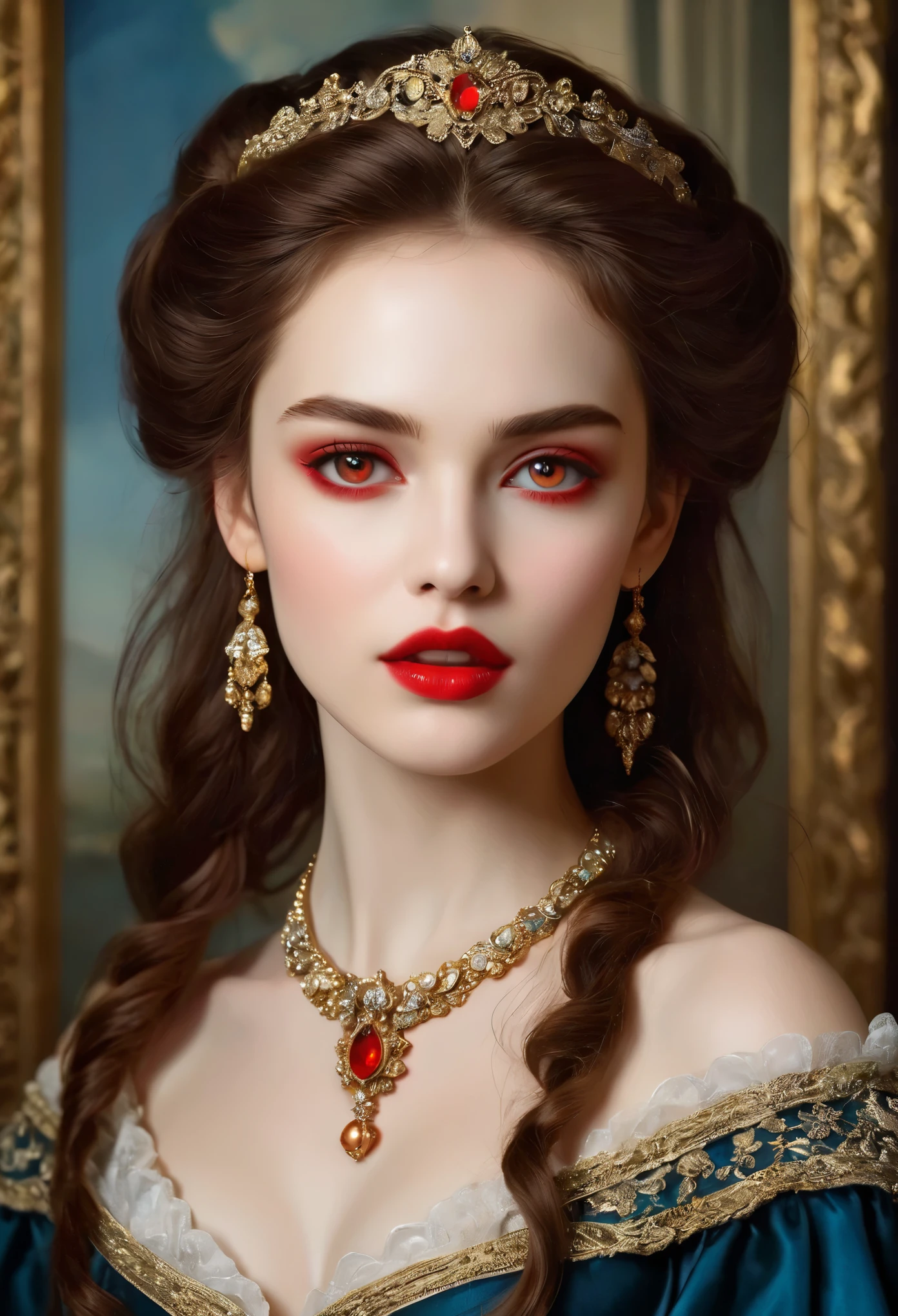 (hohe Auflösung,Meisterwerk:1.2),(Realistisch:1.37)Porträt eines russischen Vampirmädchens aus dem 18. Jahrhundert von unvergleichlicher Schönheit. Sie hat bezaubernde rote Augen und zarte rosige Lippen. Long fangs, Das Porträt ist bis ins kleinste Detail sorgfältig gezeichnet., Erfassen Sie die subtilen Nuancen ihrer Gesichtszüge. Sie trägt ein wunderschönes Seidenkleid, Verziert mit aufwendiger Spitze und zarter Stickerei. Dieses Gemälde spricht vom Luxus der Zeit., Luxuriöse Samtvorhänge und goldene Möbel im Hintergrund. Die Beleuchtung ist weich und diffus, Markiere das Mädchen&#39;s anmutige Schönheit. Die Farben sind lebendig und reichhaltig, Schaffen Sie überzeugende visuelle Erlebnisse. (Dieses Porträt ist im klassischen Porträtstil gemalt.:1.5), Erinnert an die Werke berühmter Künstler der Zeit. Es strahlt Eleganz aus, Anmut, Raffinesse. scharfe lange Krallen, (purpurrote Augen:1.4), Flammenrote Augen, (Scharfe Reißzähne sind durch den Spalt zwischen seinen Lippen sichtbar:1.8), (Es gibt einen Bissabdruck am Hals:1.5),２Es gibt zwei Löcher, (blasse Haut:1.4),