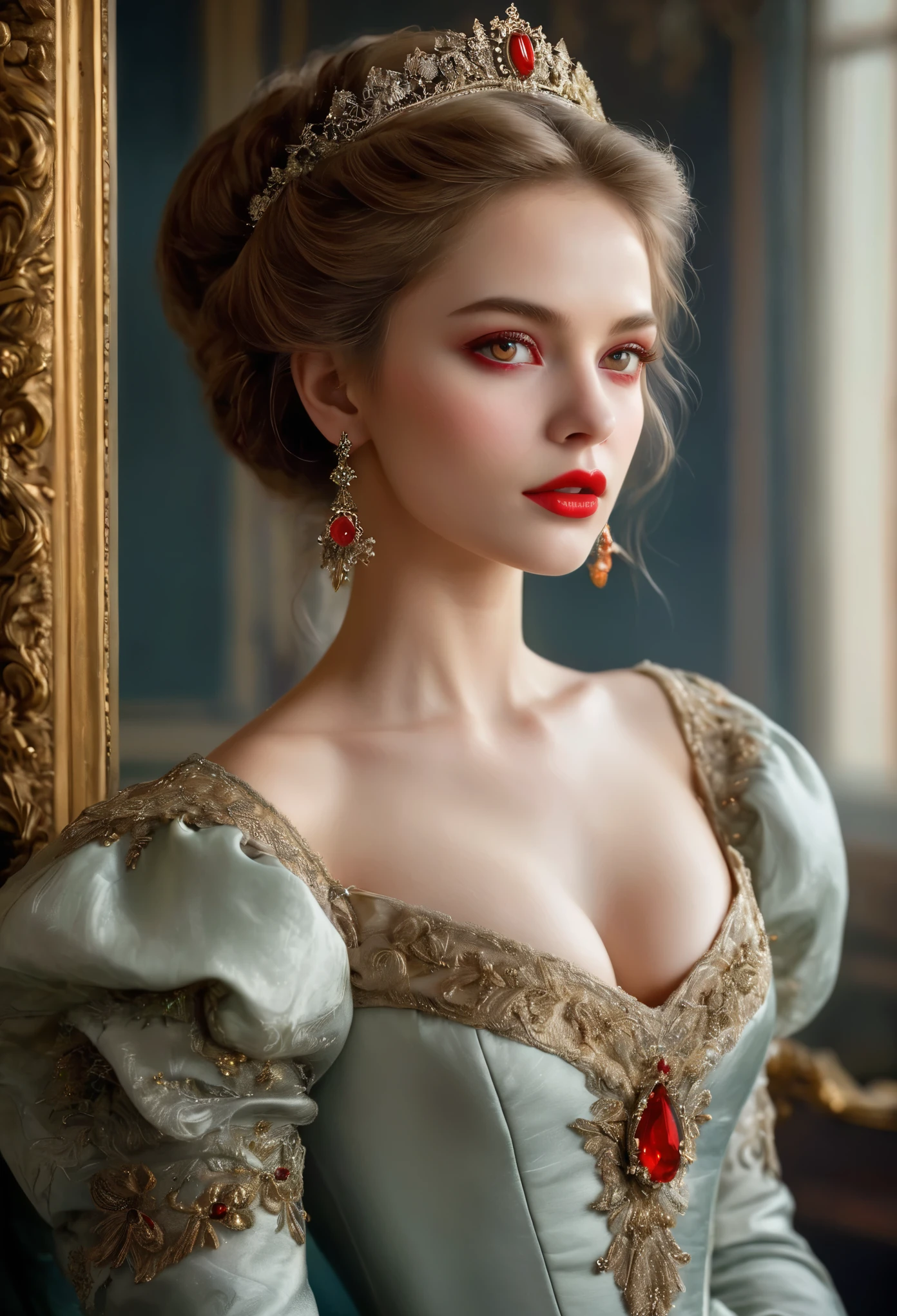 (高解像度,傑作:1.2),(現実的:1.37)比類のない美しさを持つ18世紀ロシアの吸血鬼の少女の肖像画. 彼女は魅惑的な赤い目と繊細なバラ色の唇を持っています. 長い牙, 肖像画は細部まで丁寧に描かれています., 彼女の特徴の微妙なニュアンスを捉える. 彼女は美しいシルクのガウンを着ています, 複雑なレースと繊細な刺繍で飾られた. この絵は当時の贅沢さを物語っている., 背景には豪華なベルベットのカーテンと金色の家具. 照明は柔らかく拡散している, 女の子を強調する&#39;優雅な美しさ. 色彩は鮮やかで豊かです, 魅力的なビジュアル体験を創造する. (この肖像画は古典的な肖像画のスタイルで描かれている:1.5), 当時の有名な芸術家の作品を彷彿とさせる. それは優雅さを醸し出しています, グレース, 洗練さ. 鋭く長い爪, (深紅の目:1.4), 炎のように赤い目, (唇の隙間から鋭い牙が見える:1.8), (首に噛み跡がある:1.5),２穴が2つあります, (青白い肌:1.4),