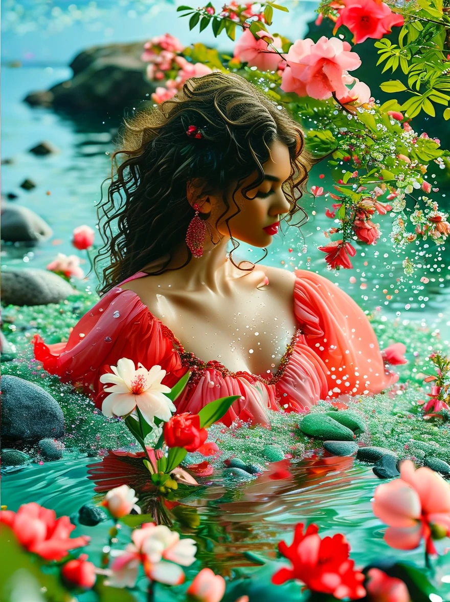 Detailed description of the visual element，The color palette is a mix of soft pastels and vibrant spring colors like green.，pink color，This combination evokes blooming flowers and fresh foliage.，Spring Theme，High-quality images integrated into salon interiors，Peaceful environment，Girl standing on the water，Water splashing on girl&#39;s body，(whole body:1.5)，Some stones have flowers on them，exudes fragrance，Includes before and after photos of customers who received spring makeovers，To highlight the salon&#39;s services，Use elegant script fonts for titles to convey elegance，And use a modern sans serif font for body text，To ensure readability and modernity， Dark Brown Curly Hair，Wearing a bright red salwar suit，focus，Close Range，Watch，Close your eyes，Surround her with spring graphics，For example, flowers and butterflies，Symbolizes the changing seasons and the essence