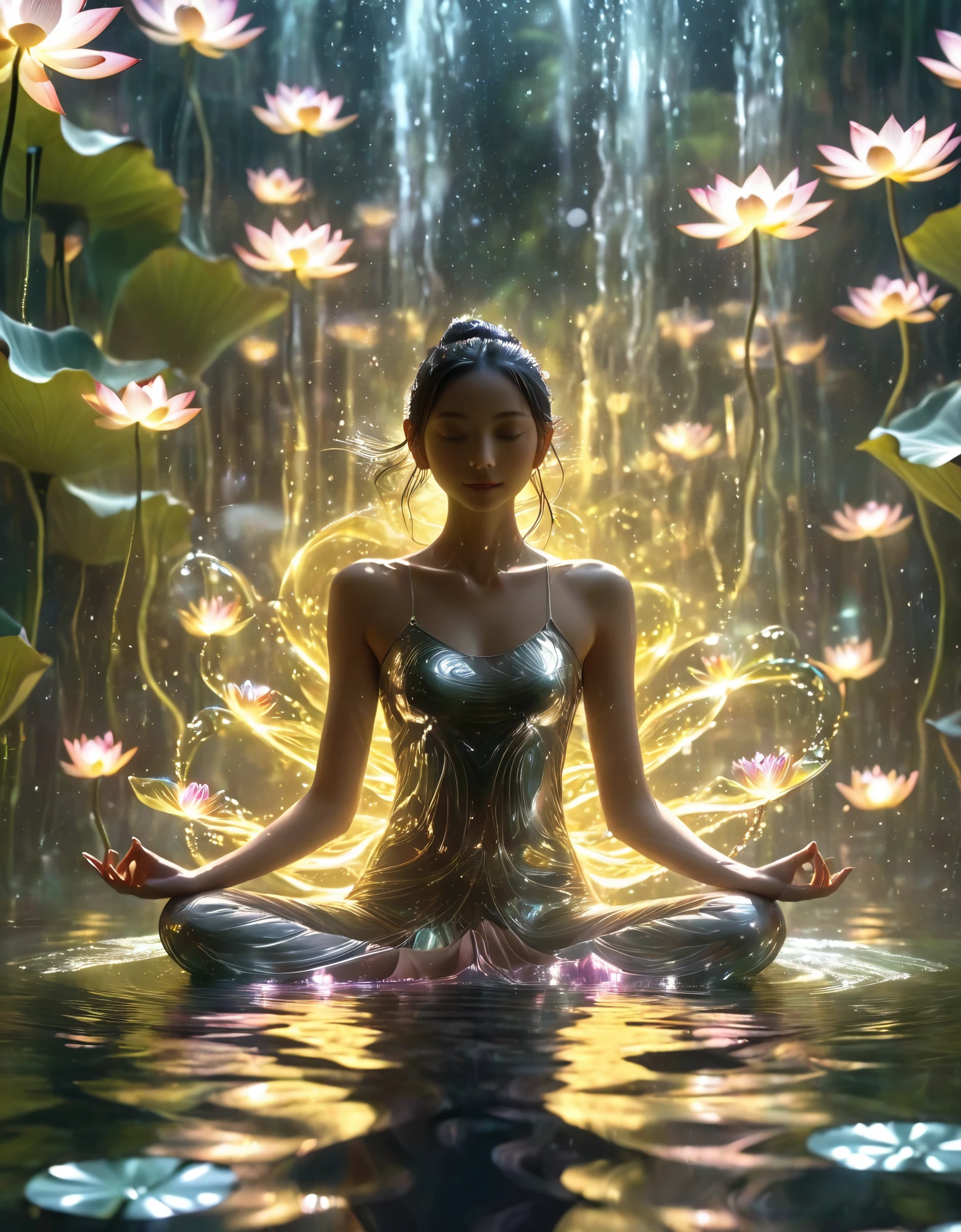 1girl，beautiful，blingbling water，Motion blurred，many many many fractal plants，Movie-level lighting effects，lotus pose,  on the water, reflection,，Glowing Line,Glow Example，Tracking example，flash， Backlight，translucent，light particles