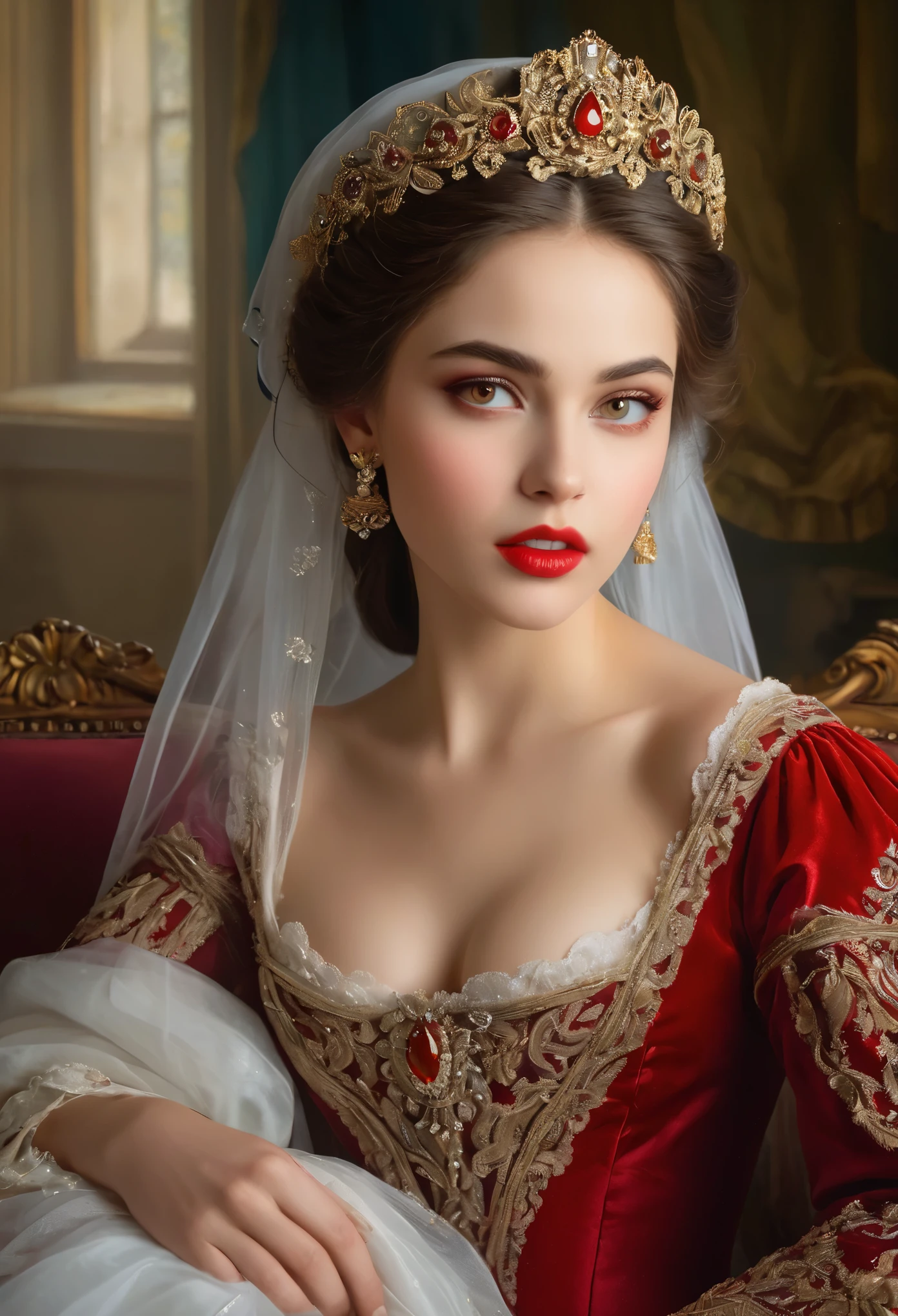 (高解像度,傑作:1.2),(現実的:1.37)比類のない美しさを持つ18世紀ロシアの吸血鬼の少女の肖像画. 彼女は魅惑的な赤い目と繊細なバラ色の唇を持っています. 長い牙, 肖像画は細部まで丁寧に描かれています., 彼女の特徴の微妙なニュアンスを捉える. 彼女は美しいシルクのガウンを着ています, 複雑なレースと繊細な刺繍で飾られた. この絵は当時の贅沢さを物語っている., 背景には豪華なベルベットのカーテンと金色の家具. 照明は柔らかく拡散している, 女の子を強調する&#39;優雅な美しさ. 色彩は鮮やかで豊かです, 魅力的なビジュアル体験を創造する. (この肖像画は古典的な肖像画のスタイルで描かれている:1.5), 当時の有名な芸術家の作品を彷彿とさせる. それは優雅さを醸し出しています, グレース, 洗練さ. 鋭く長い爪, (深紅の目:1.4), 炎のように赤い目, (唇の隙間から鋭い牙が見える:1.8), (首に噛み跡がある:1.5),.２穴が2つあります