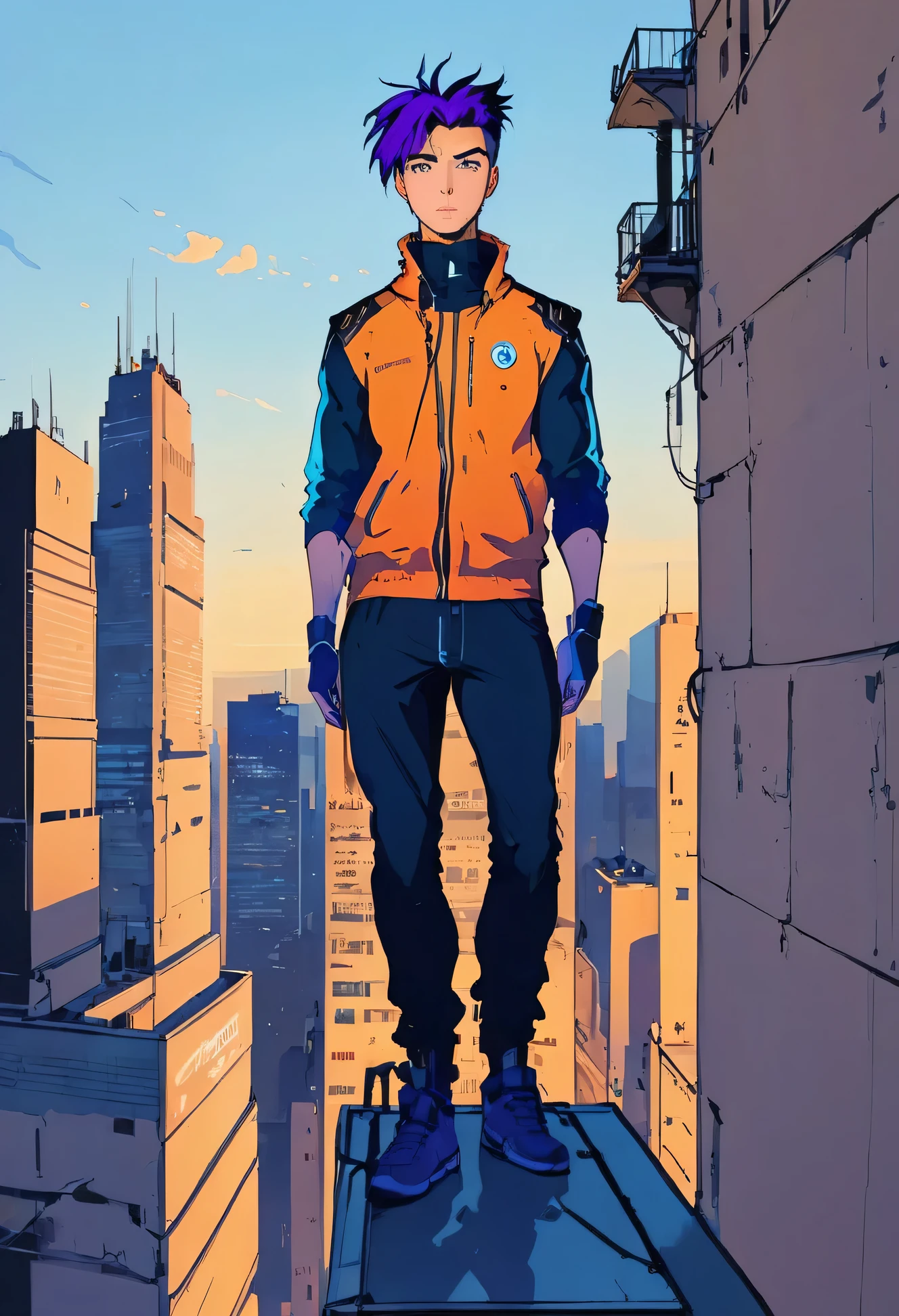 long shot, ((Art, anime full body detailed: 1.6)), ((a man standing on the roof:1.7)),((of a tall building young boy anime style character vector illustration design .boy anime manga:1.7)), very colorful high Image quality: 1.3, appearance, 8k, full frame matrix, deep shadows, ((one character)), (intricate details, subsurface scattering, hyper detailed: 1, 15), (volumetric lighting, Sharpness: 1.5) hyper detailed, vibrant and well-defined lights and shadows)). beautiful colors of sunrise: 1.6, no text: 1.3. 32k.