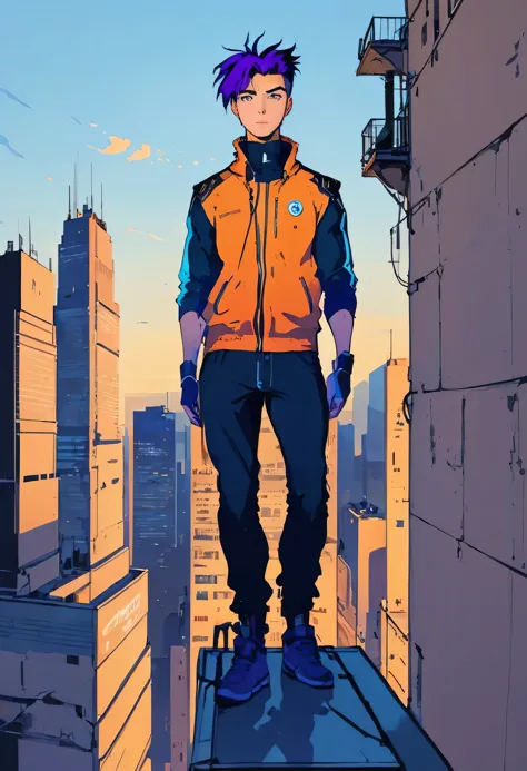 long shot, ((Art, anime full body detailed: 1.6)), ((a man standing on the roof:1.7)),((of a tall building young boy anime style...