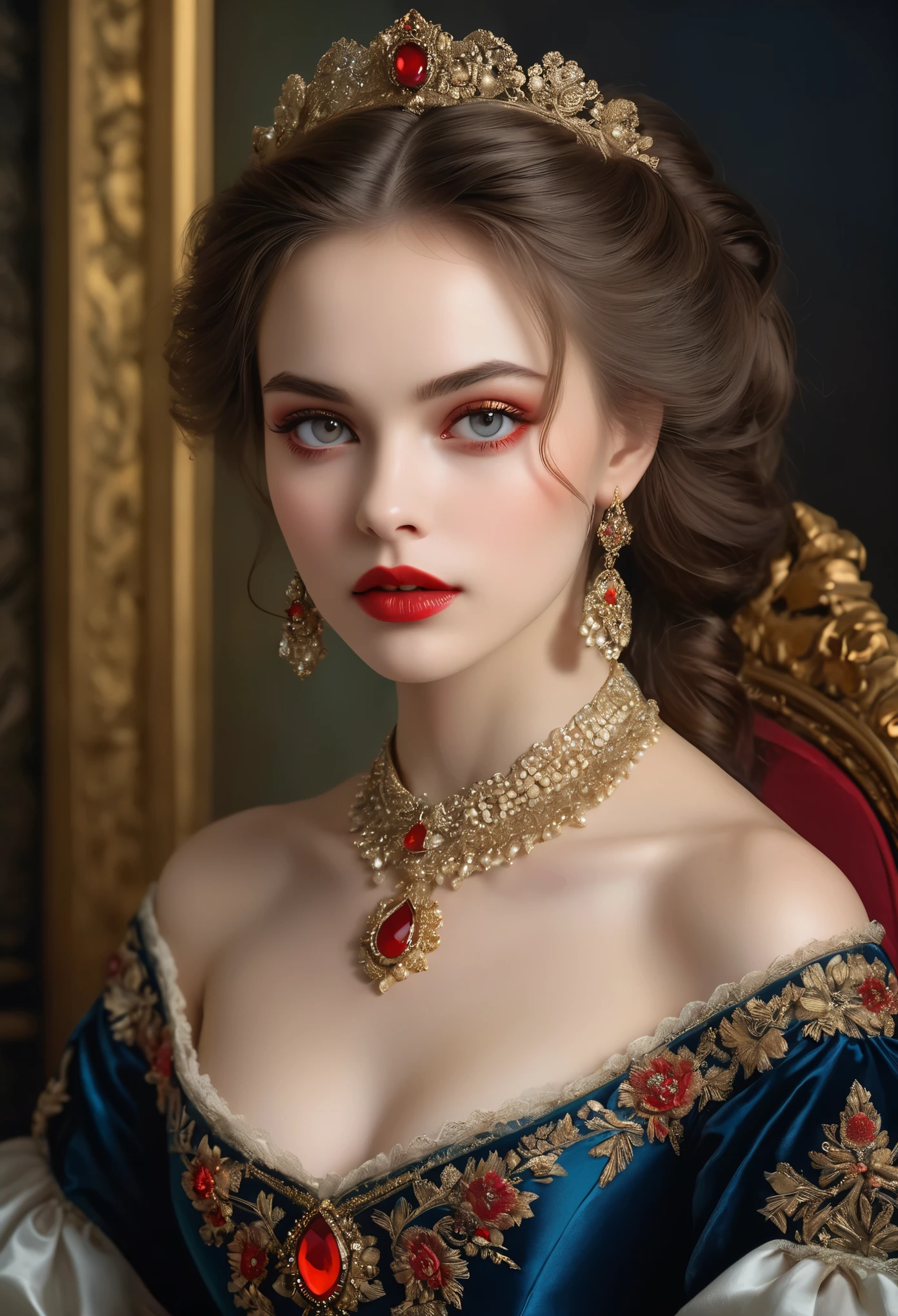 (High resolution,masterpiece:1.2),(Realistic:1.37)Portrait of an 18th century Russian vampire girl of unparalleled beauty. She has captivating red eyes and delicate rosy lips. Long fangs, The portrait is carefully drawn down to the smallest detail., Capture the subtle nuances of her features. She is wearing a beautiful silk gown, Adorned with intricate lace and delicate embroidery. This painting speaks of the luxury of the time., Luxurious velvet curtains and gold furniture in the background. The lighting is soft and diffused, Highlight the girl&#39;s graceful beauty. the colors are vivid and rich, Create compelling visual experiences. (This portrait is painted in the classical portrait style:1.5), Reminiscent of the works of famous artists of the time. It exudes elegance, Grace, Sophistication. sharp long claws, (Crimson eyes:1.4), Flame-red eyes, (Sharp fangs visible through the gap between his lips:1.8), (There is a bite mark on the neck:1.5),.２There are two holes