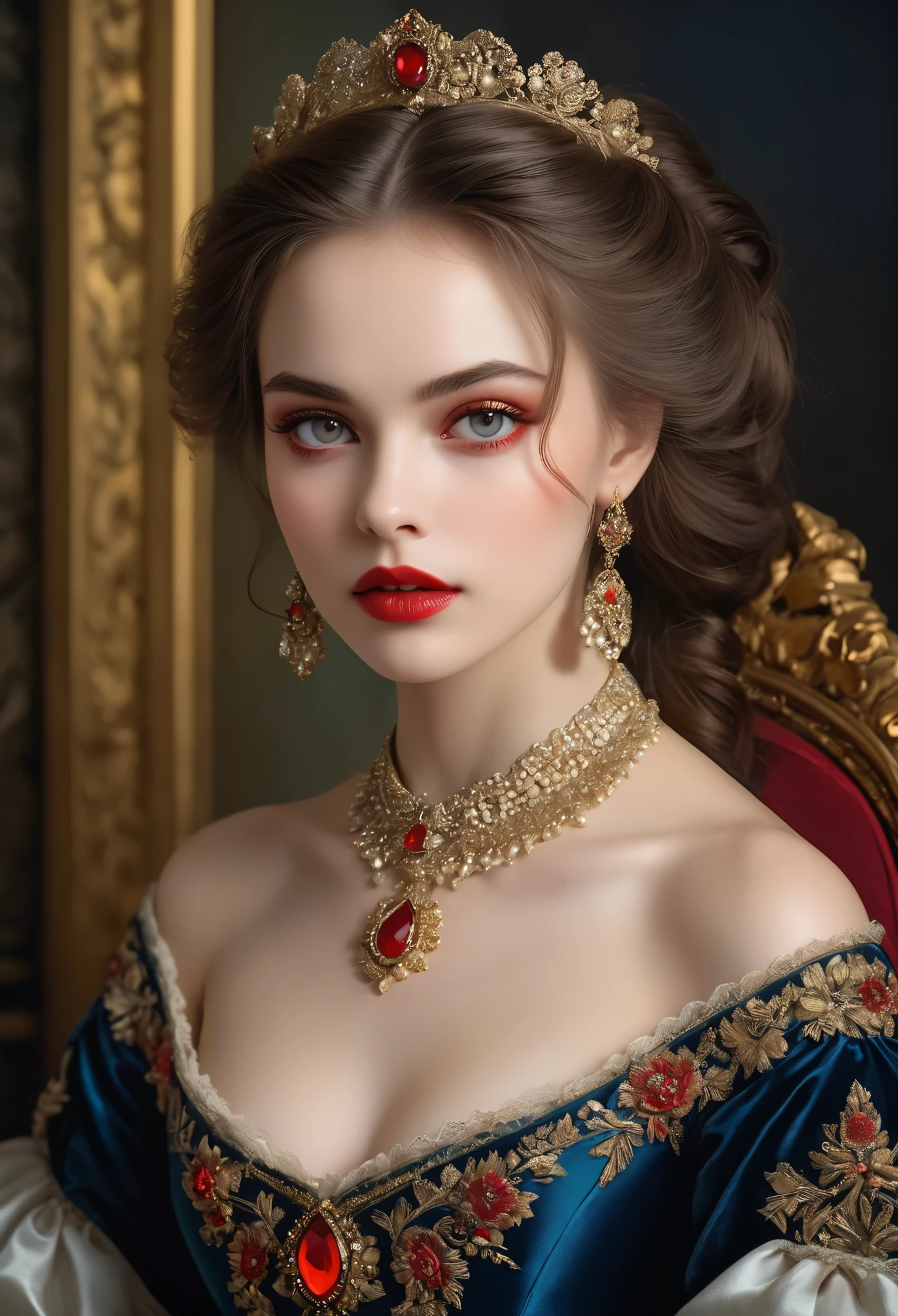 (haute résolution,chef-d&#39;œuvre:1.2),(Réaliste:1.37)Portrait d&#39;une fille vampire russe du XVIIIe siècle d&#39;une beauté inégalée. Elle a des yeux rouges captivants et des lèvres roses délicates. longs crocs, Le portrait est soigneusement dessiné dans les moindres détails., Capturez les nuances subtiles de ses traits. Elle porte une belle robe en soie, orné de dentelle complexe et de broderies délicates. Ce tableau parle du luxe de l&#39;époque., Rideaux de velours luxueux et meubles dorés en arrière-plan. L&#39;éclairage est doux et diffus, Mettez en valeur la fille&#39;sa beauté gracieuse. Les couleurs sont vives et riches, Créez des expériences visuelles convaincantes. (Ce portrait est peint dans le style du portrait classique:1.5), Rappelant les œuvres d&#39;artistes célèbres de l&#39;époque. Il respire l’élégance, la grâce, sophistication. longues griffes acérées, (yeux cramoisis:1.4), Yeux rouge feu, (Des crocs acérés visibles à travers l&#39;espace entre ses lèvres:1.8), (Il y a une marque de morsure sur le cou:1.5),.２Il y a deux trous