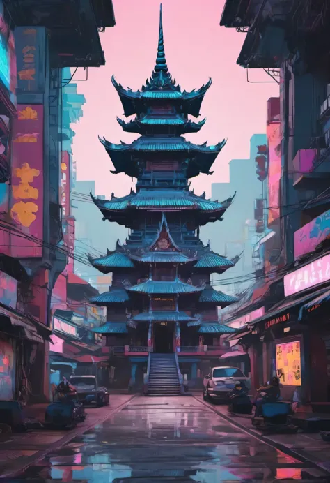 Thai Temple in Cyber Punk Art style