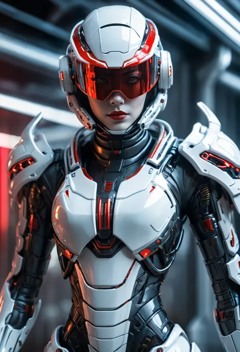 armed female figure in a white sci-fi suit, wearing a cyberpunk style shiny white helmet with red visor robotic features, the re...