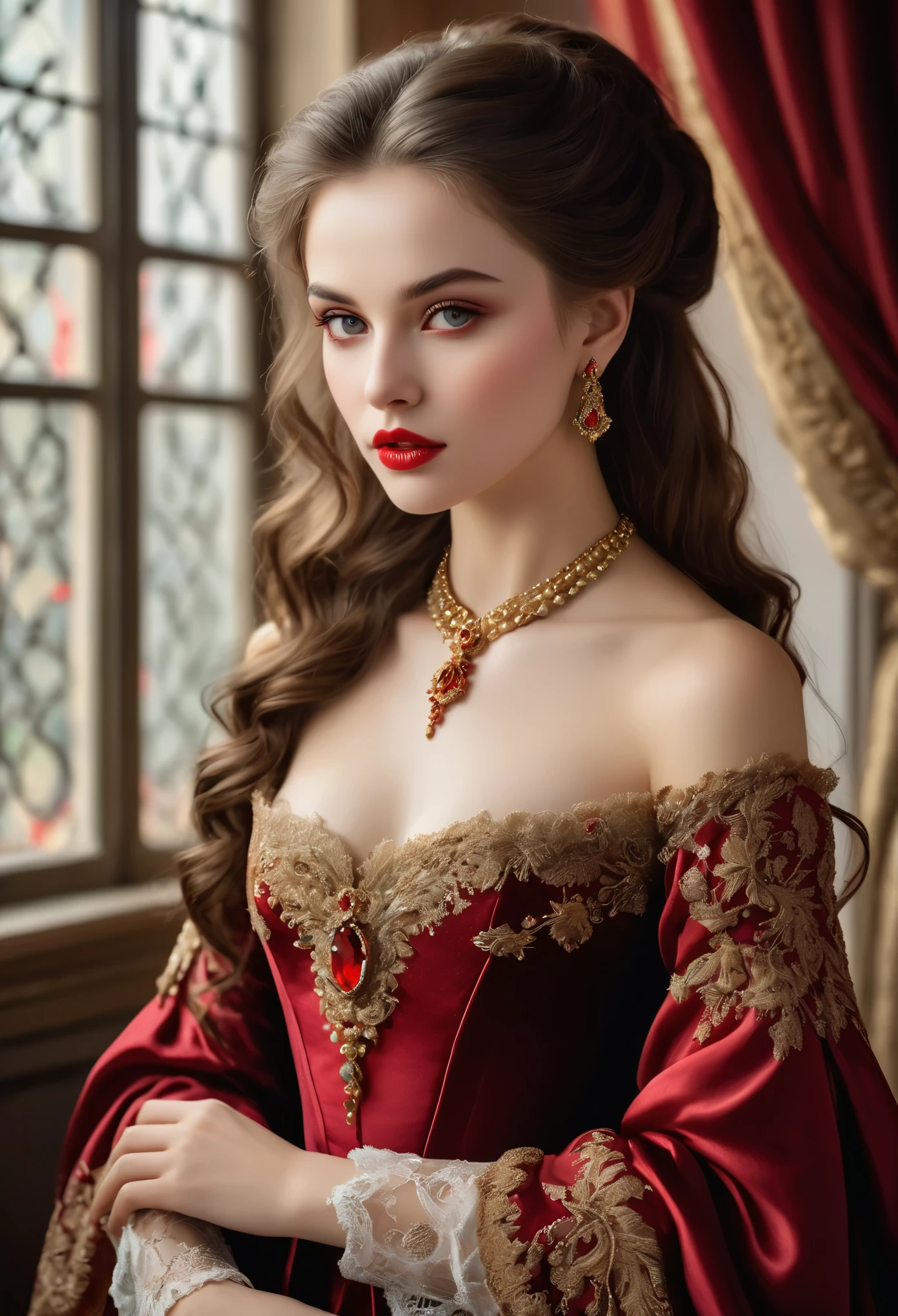 (High resolution,masterpiece:1.2),(Realistic:1.37)Portrait of an 18th century Russian vampire girl of unparalleled beauty. She has captivating red eyes and delicate rosy lips. Long fangs, The portrait is carefully drawn down to the smallest detail., Capture the subtle nuances of her features. She is wearing a beautiful silk gown, Adorned with intricate lace and delicate embroidery. This painting speaks of the luxury of the time., Luxurious velvet curtains and gold furniture in the background. The lighting is soft and diffused, Highlight the girl&#39;s graceful beauty. the colors are vivid and rich, Create compelling visual experiences. (This portrait is painted in the classical portrait style:1.5), Reminiscent of the works of famous artists of the time. It exudes elegance, Grace, Sophistication. sharp long claws, (Crimson eyes:1.4), Flame-red eyes, (Sharp fangs visible through the gap between his lips:1.8), (There is a bite mark on the neck:1.5),.２There are two holes