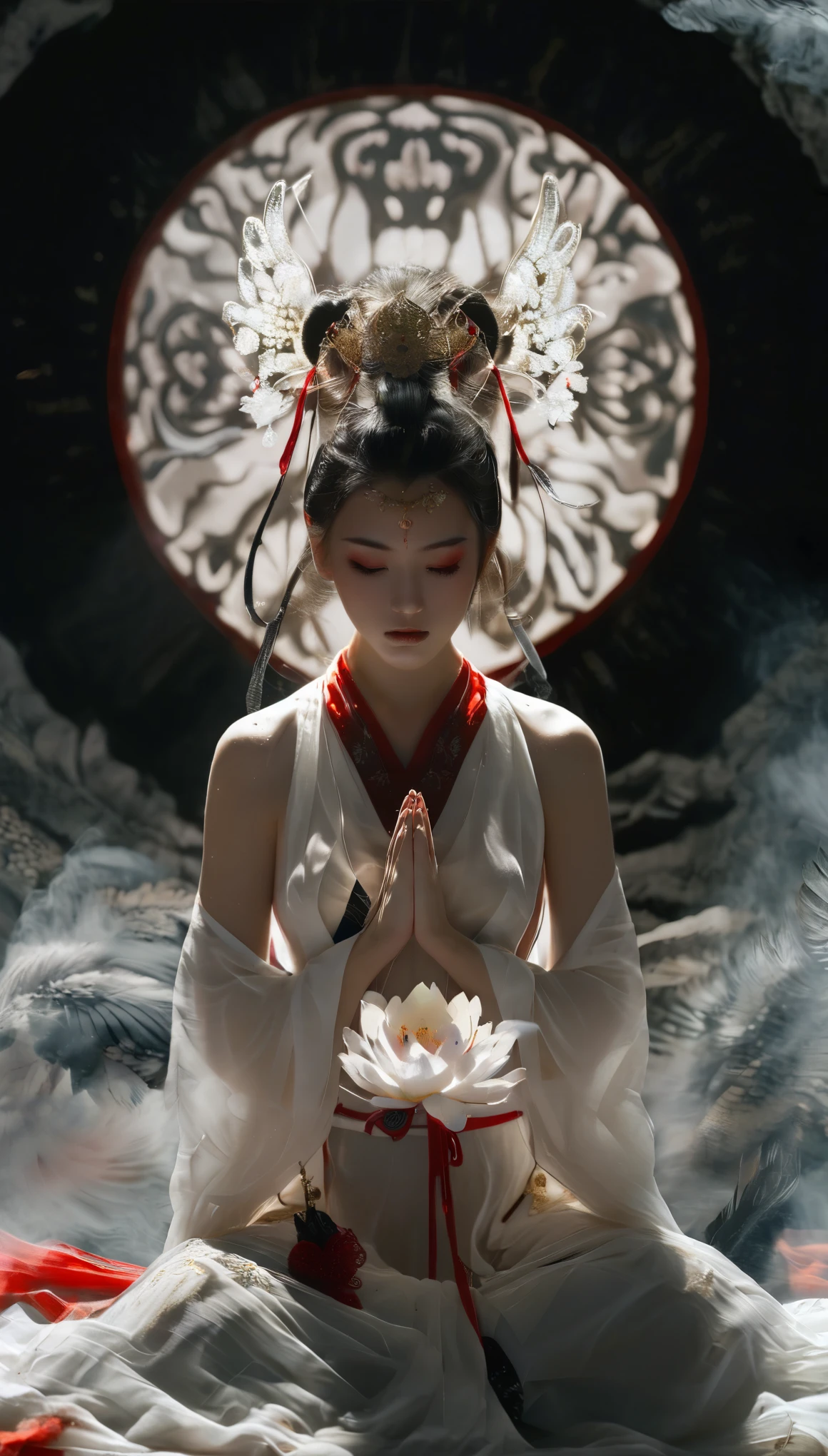 a bird's eye view capturing a stunningly beautiful Japanese shrine maiden clad in a white top and red bottom, striking a prayer pose while exuding an aura of serenity. However, looming ominously behind her, a vengeful spirit of a samurai manifests in a dark, eerie black aura, adding a chilling contrast to the otherwise tranquil scene. The juxtaposition of the maiden's grace and the samurai's haunting presence creates a captivating image that blends beauty with a touch of supernatural intrigue, inviting viewers to contemplate the duality of peace and vengeance.xianxia