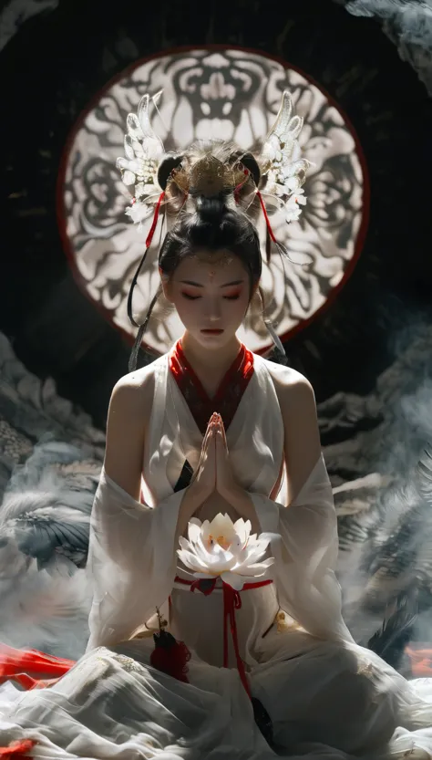a bird's eye view capturing a stunningly beautiful Japanese shrine maiden clad in a white top and red bottom, striking a prayer ...