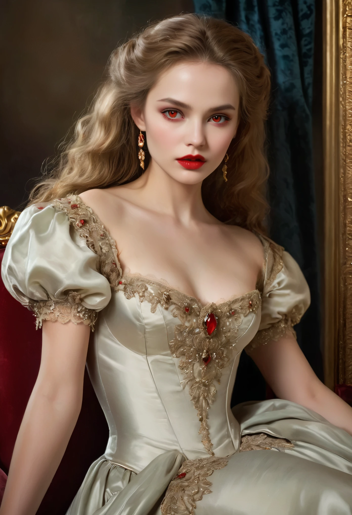 (hohe Auflösung,Meisterwerk:1.2),(Realistisch:1.37)Porträt eines russischen Vampirmädchens aus dem 18. Jahrhundert von unvergleichlicher Schönheit. Sie hat bezaubernde rote Augen und zarte rosige Lippen. Long fangs, Das Porträt ist bis ins kleinste Detail sorgfältig gezeichnet., Erfassen Sie die subtilen Nuancen ihrer Gesichtszüge. Sie trägt ein wunderschönes Seidenkleid, Verziert mit aufwendiger Spitze und zarter Stickerei. Dieses Gemälde spricht vom Luxus der Zeit., Luxuriöse Samtvorhänge und goldene Möbel im Hintergrund. Die Beleuchtung ist weich und diffus, Markiere das Mädchen&#39;s anmutige Schönheit. Die Farben sind lebendig und reichhaltig, Schaffen Sie überzeugende visuelle Erlebnisse. Dieses Porträt ist im klassischen Porträtstil gemalt.., Erinnert an die Werke berühmter Künstler der Zeit. Es strahlt Eleganz aus, Anmut, Raffinesse. scharfe lange Krallen, (purpurrote Augen:1.4), Flammenrote Augen, (Scharfe Reißzähne sind durch den Spalt zwischen seinen Lippen sichtbar:1.8), Es gibt einen Bissabdruck am Hals.２Es gibt zwei Löcher