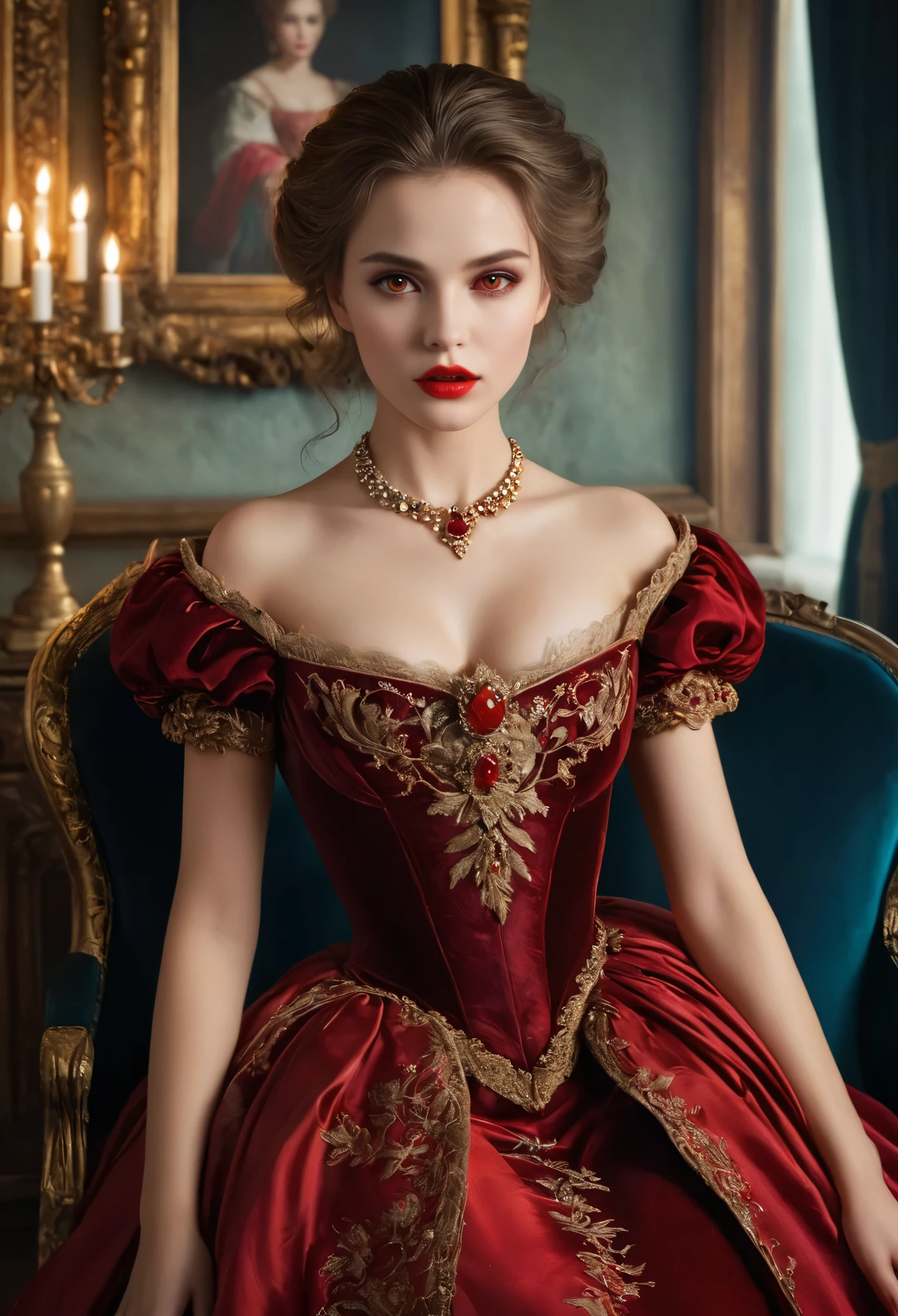 (High resolution,masterpiece:1.2),(Realistic:1.37)Portrait of an 18th century Russian vampire girl of unparalleled beauty. She has captivating red eyes and delicate rosy lips. Long fangs, The portrait is carefully drawn down to the smallest detail., Capture the subtle nuances of her features. She is wearing a beautiful silk gown, Adorned with intricate lace and delicate embroidery. This painting speaks of the luxury of the time., Luxurious velvet curtains and gold furniture in the background. The lighting is soft and diffused, Highlight the girl&#39;s graceful beauty. the colors are vivid and rich, Create compelling visual experiences. This portrait is painted in the classical portrait style., Reminiscent of the works of famous artists of the time. It exudes elegance, Grace, Sophistication. sharp long claws, (Crimson eyes:1.4), Flame-red eyes, (Sharp fangs visible through the gap between his lips:1.8), There is a bite mark on the neck.２There are two holes