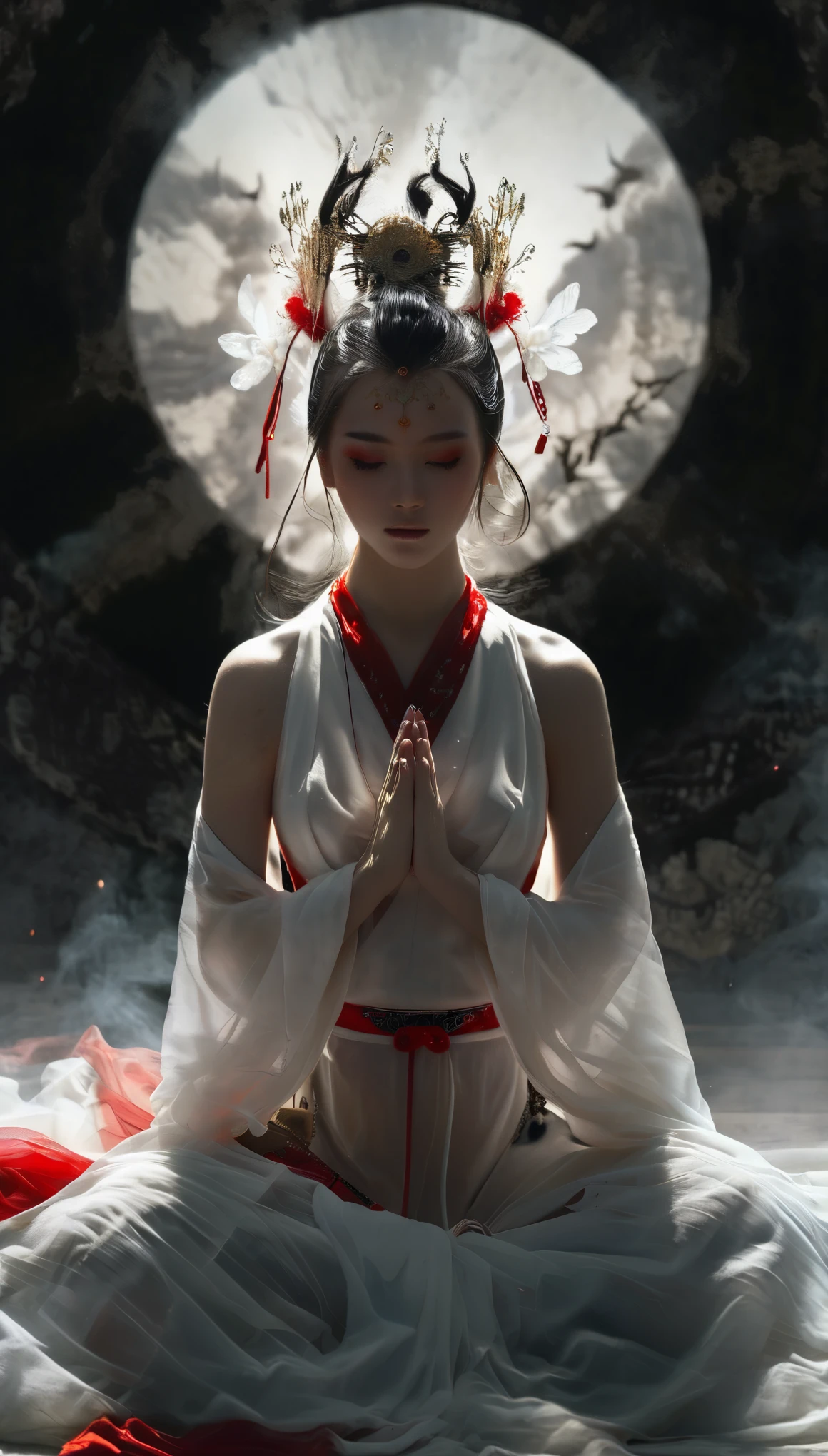 a bird's eye view capturing a stunningly beautiful Japanese shrine maiden clad in a white top and red bottom, striking a prayer pose while exuding an aura of serenity. However, looming ominously behind her, a vengeful spirit of a samurai manifests in a dark, eerie black aura, adding a chilling contrast to the otherwise tranquil scene. The juxtaposition of the maiden's grace and the samurai's haunting presence creates a captivating image that blends beauty with a touch of supernatural intrigue, inviting viewers to contemplate the duality of peace and vengeance.xianxia