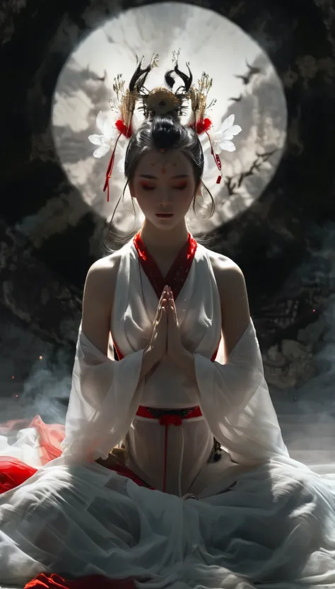 a bird's eye view capturing a stunningly beautiful Japanese shrine maiden clad in a white top and red bottom, striking a prayer ...