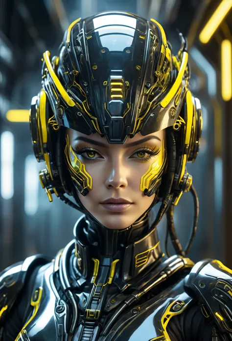 armed female figure in a black sci-fi suit, wearing a cyberpunk style shiny black helmet with yellow visor robotic features, the...