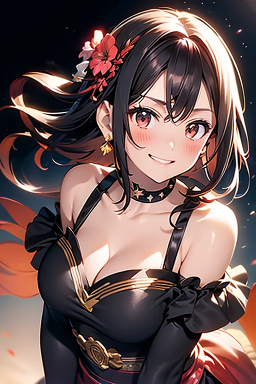 Yor Briar, Estilo anime Beautiful Woman, 1 chica, feliz, sonrisa, red rostro, boca cerrada, Hermosos ojos detallados, piel súper detallada, contraluz, hombros descubiertos, fondo negro, black vestido, black guantes, pelo negro, senos, vestido, pendientes, fingerless guantes, pelo flotante, estampado floral, flor, guantes, gold pendientes, gold banda para el cabello, hair flor, adorno para el pelo, banda para el cabello, tenencia, tenencia arma, joyas, large senos, pelo largo, mirando al espectador, off-shoulder vestido, fuera del hombro,ojos rojos, pelo corto con mechones largos, cerraduras laterales, solo, Picos, muslos, two-sided vestido, tela de dos caras, arma, postura de lucha , rostro, de cerca, desde arriba, de la máxima calidad, alta resolución.