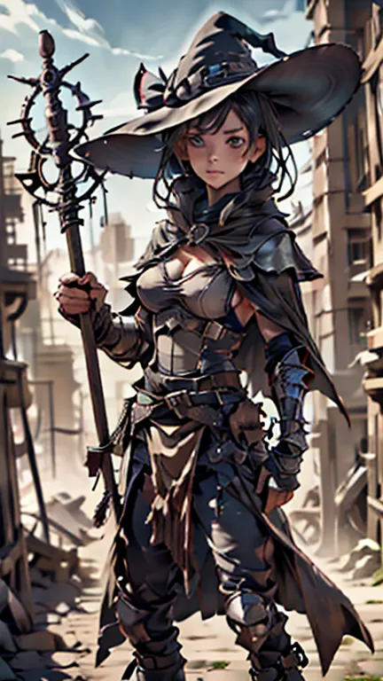 (((masterpiece))), (((high resolution))), (((high quality))), witch, big hat, chest armor, big breasts, cape, staff