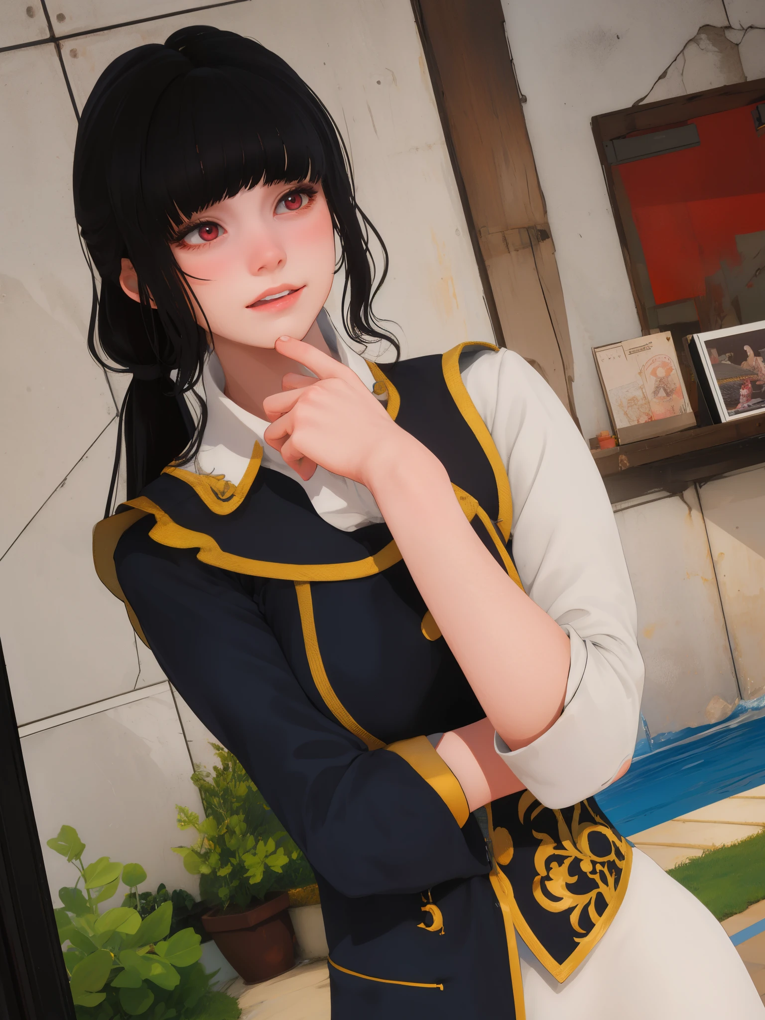 masterpiece, highly detailed, best quality, 1girl, solo, Luna, black hair, side ponytail, red eyes, blunt bangs, uniform, smile, hands 