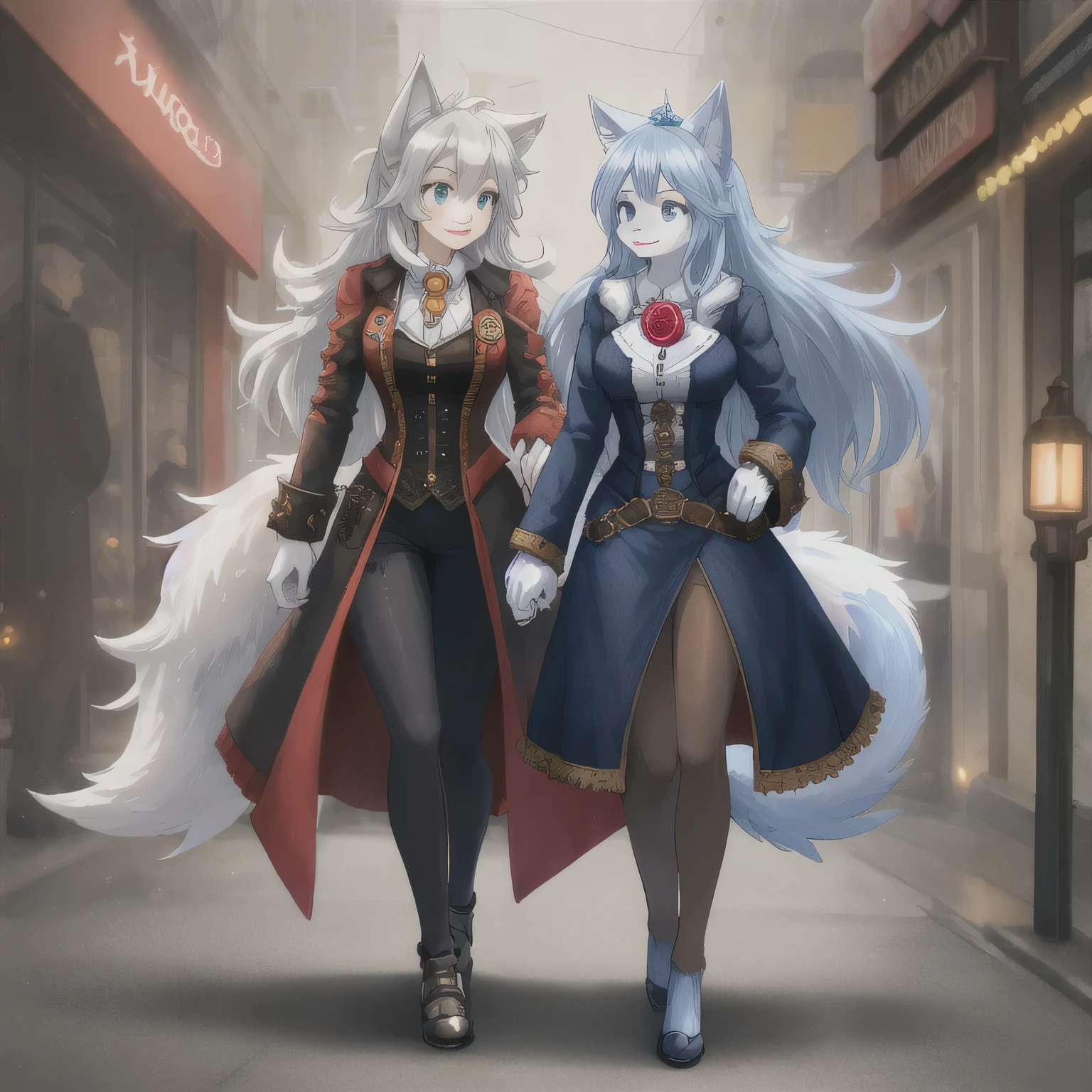 woman, hairy woman, wolf woman, full body portrait, full fur, white fur, full tail, big tail, white tail, white hair, long hair, bushy hair, hair, hair with a brooch (golden colored flower brooch ), almond-shaped eyes, blue eyes, shy smile, charming face, red cheek, long dress (dark blue color in steampunk style), worn tights, black tights, heeled shoe, steampunk shoe, background with steampunk city (a woman wolf this walk in the city), lots of people in the street