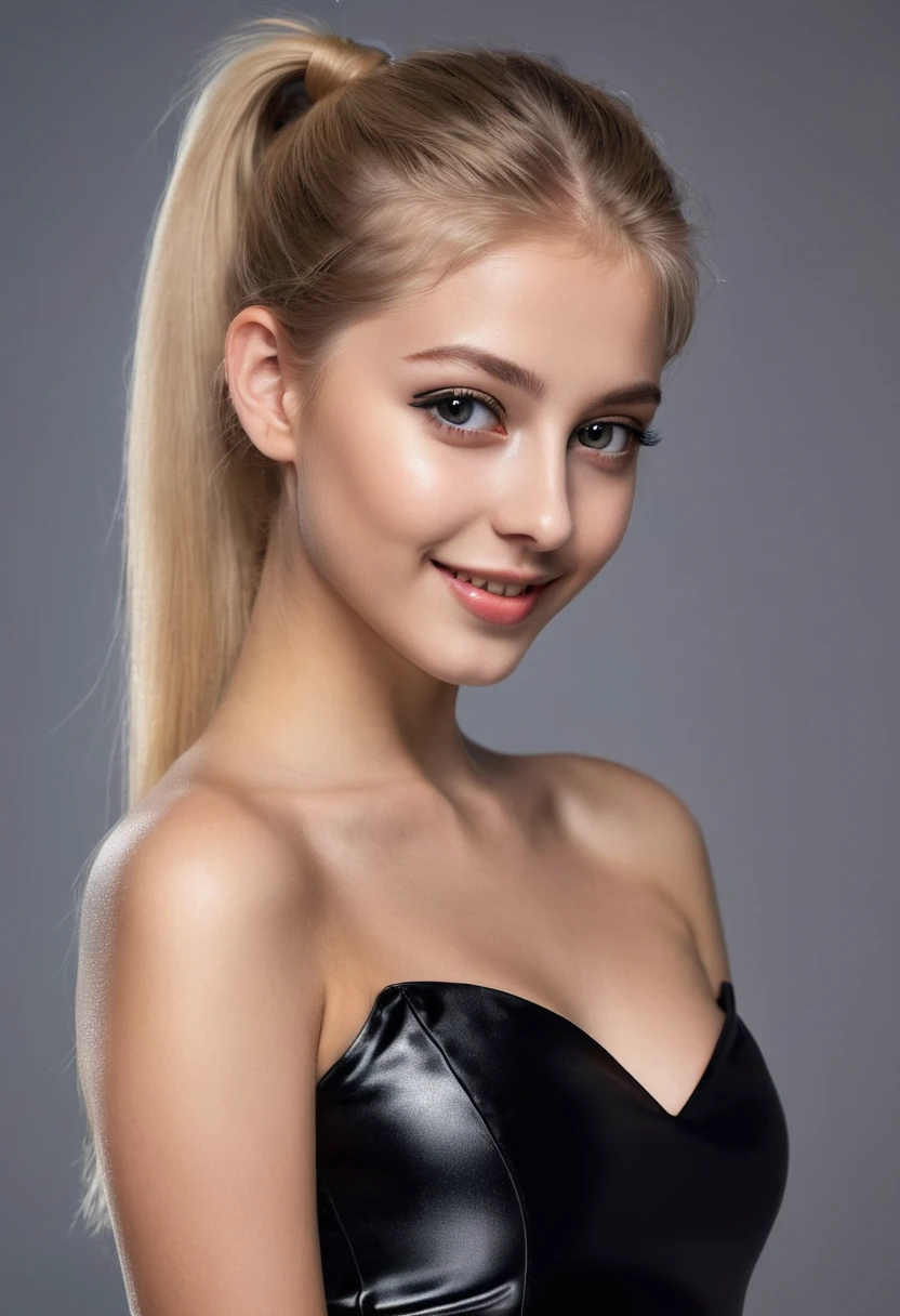 Hyperrealistic beautiful 18-year-old women in shiny black bare shoulder  short mi - SeaArt AI