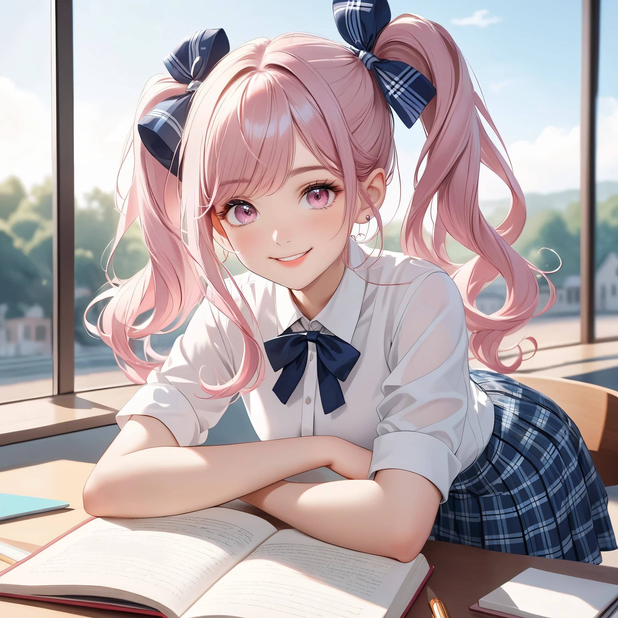 (8K, masutepiece, Highest Quality, Best Quality, Official art, Breathtaking beauty and aesthetics, A highly detailed, The best masterpiece in history that exceeds limits, Breathtaking and beautiful lighting:1.2), (1 Absolute Beautiful Girl, Solo), (sixteen years old), (beautiful detailed face), (shiny white skin), (beautiful detailed pink twin tails hair, Bangs:1.3), (beautiful detailed adolable drooing pink eyes:1.3), (high school uniform), (white shirt, pastel blue Tartan Plaid pleated skirt, patsel blue ribbon:1.3), (Beautiful big bust:1.3), (happy smile, Beautiful smile, Gentle smile, cute smile, innocent smile:1.2), (Attractive, amazing, Beautiful, Elegant, Luxurious, magnifica, Happy, Eye-catching, the ultimate beauty, Supreme Beauty, Superlative beauty, Elegant, Graceful, Everyone loves it, Beauty that fascinates everyone, Healed, The highest level of complete beauty, cute like an idol, Stylish like a fashion model, Goddess-like grace, Be loved, cute little, adolable), Look at the camera, cute pose, breathtaking scenery, (ultra detailed realistic Beautiful high school, studying, morning:1.3),