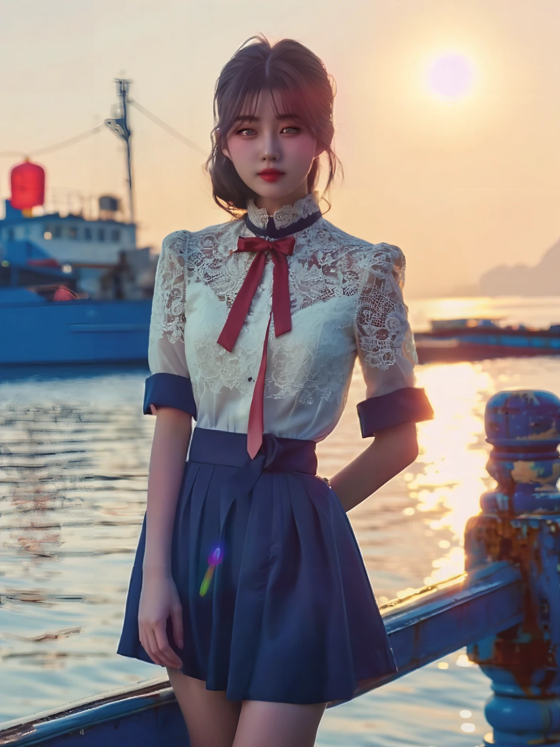 JK女孩，站在港口码头上，与背后的海景形成了一幅美丽的画面