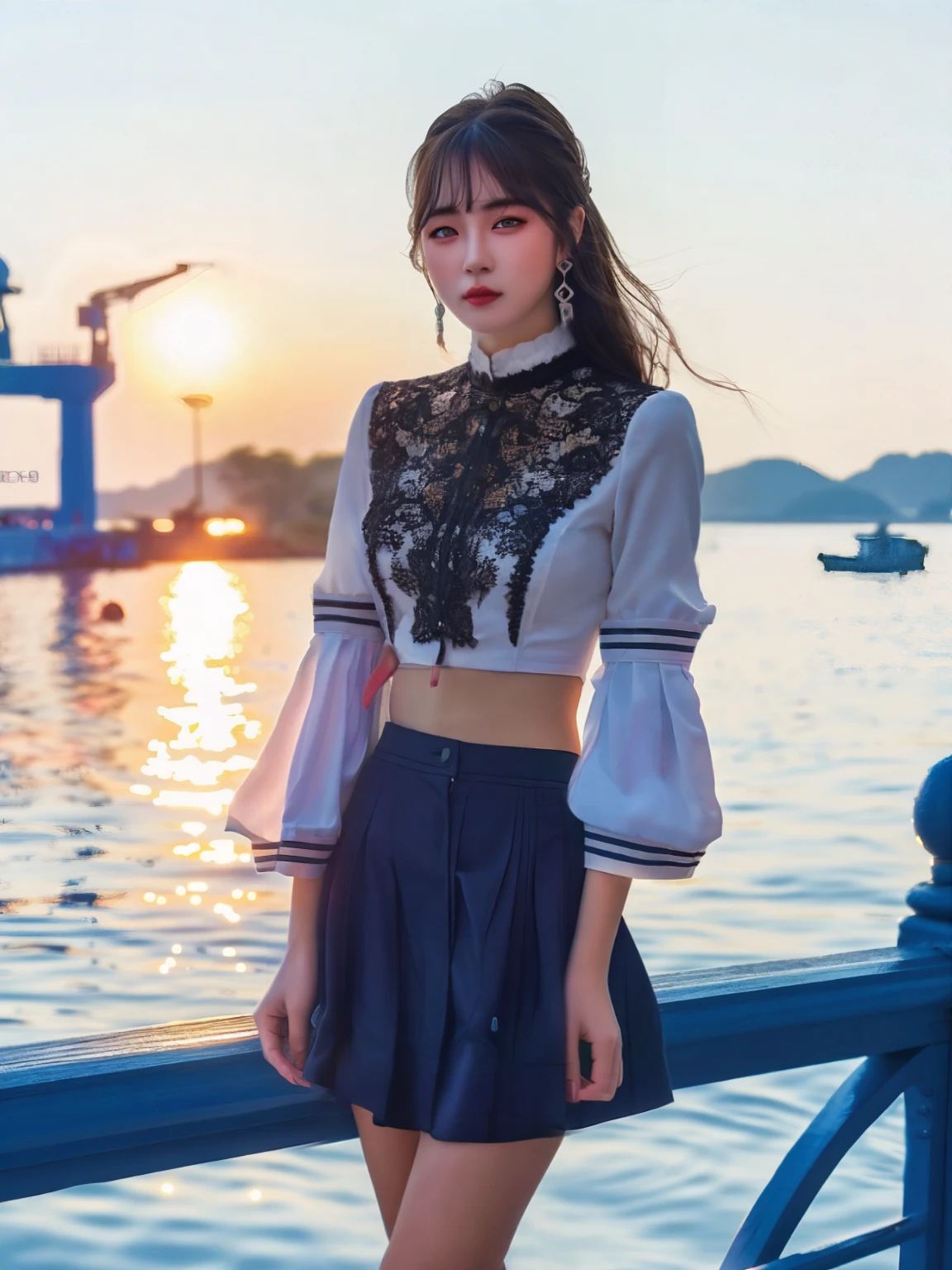 JK女孩，站在港口码头上，与背后的海景形成了一幅美丽的画面