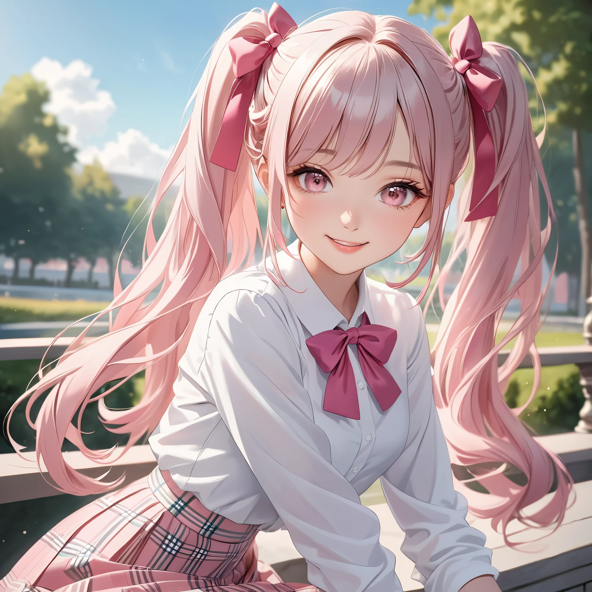 (8K, masutepiece, Highest Quality, Best Quality, Official art, Breathtaking beauty and aesthetics, A highly detailed, The best masterpiece in history that exceeds limits, Breathtaking and beautiful lighting:1.2), (1 Absolute Beautiful Girl, Solo), (sixteen years old), (beautiful detailed face), (shiny white skin), (beautiful detailed pink twin tails hair, Bangs:1.3), (beautiful detailed adolable drooing pink eyes:1.3), (high school uniform), (white shirt, pastel pink Tartan Plaid pleated skirt, patsel pink ribbon:1.3), (Beautiful big bust:1.3), (happy smile, Beautiful smile, Gentle smile, cute smile, innocent smile:1.2), (Attractive, amazing, Beautiful, Elegant, Luxurious, magnifica, Happy, Eye-catching, the ultimate beauty, Supreme Beauty, Superlative beauty, Elegant, Graceful, Everyone loves it, Beauty that fascinates everyone, Healed, The highest level of complete beauty, cute like an idol, Stylish like a fashion model, Goddess-like grace, Be loved, cute little, adolable), Look at the camera, cute pose, breathtaking scenery, (ultra detailed realistic Beautiful high school study, blue sky, morning:1.3),