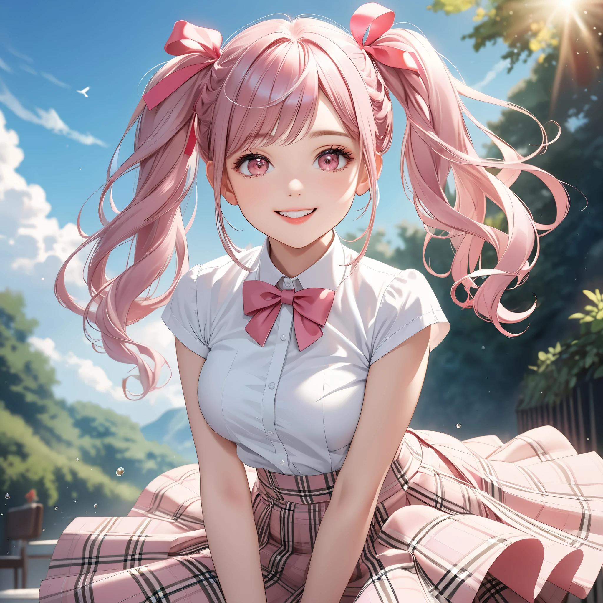 (8K, masutepiece, Highest Quality, Best Quality, Official art, Breathtaking beauty and aesthetics, A highly detailed, The best masterpiece in history that exceeds limits, Breathtaking and beautiful lighting:1.2), (1 Absolute Beautiful Girl, Solo), (sixteen years old), (beautiful detailed face), (shiny white skin), (beautiful detailed pink twin tails hair, Bangs:1.3), (beautiful detailed adolable drooing pink eyes:1.3), (high school uniform), (white shirt, pastel pink Tartan Plaid pleated skirt, patsel pink ribbon:1.3), (Beautiful big bust:1.3), (happy smile, Beautiful smile, Gentle smile, cute smile, innocent smile:1.2), (Attractive, amazing, Beautiful, Elegant, Luxurious, magnifica, Happy, Eye-catching, the ultimate beauty, Supreme Beauty, Superlative beauty, Elegant, Graceful, Everyone loves it, Beauty that fascinates everyone, Healed, The highest level of complete beauty, cute like an idol, Stylish like a fashion model, Goddess-like grace, Be loved, cute little, adolable), Look at the camera, cute pose, breathtaking scenery, (ultra detailed realistic Beautiful high school study, blue sky, morning:1.3),