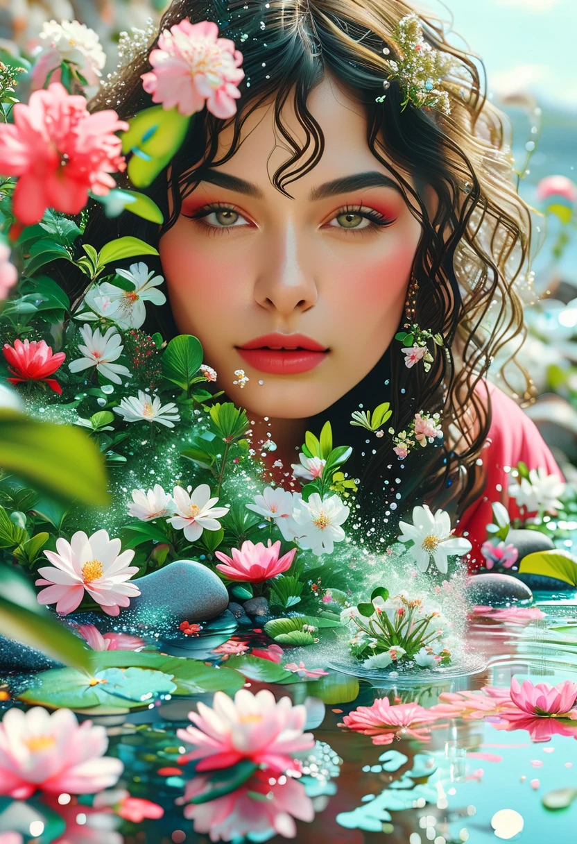 Detailed description of the visual element，The color palette is a mix of soft pastels and vibrant spring colors like green.，pink color，This combination evokes blooming flowers and fresh foliage.，Perfect for spring theme，High-quality images integrated into salon interiors，Peaceful environment，Girl standing on the water，Water splashes on the floor of the girl，Some stones have flowers on them，exudes fragrance，Includes before and after photos of customers who received spring makeovers，To highlight the salon&#39;s services，Use elegant script fonts for titles to convey elegance，And use a modern sans serif font for body text，To ensure readability and modernity， Dark Brown Curly Hair，Wearing a bright red salwar suit，focus，Close Range，Watch，Close your eyes，Surround her with spring graphics，For example, flowers and butterflies，Symbolizes the changing seasons and the essence