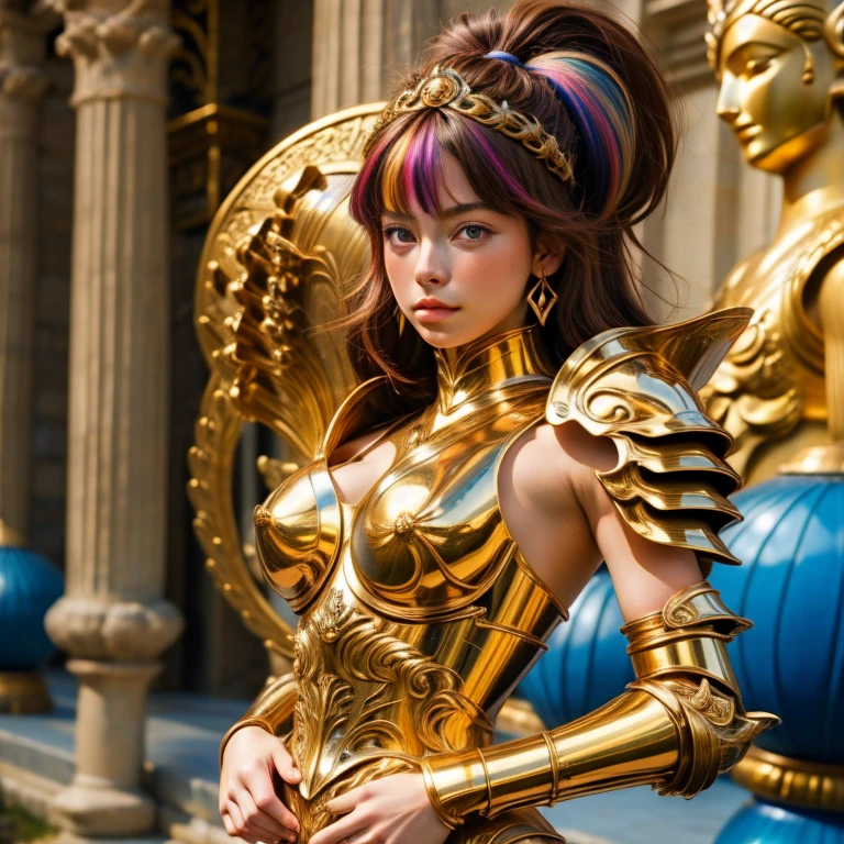 une femme, 25 ans, manga, cheveux longs, cheveux multicolor, topless, high level of detail, saint seiya, armor, grèce antique, Colorful armor, mythologie nordique