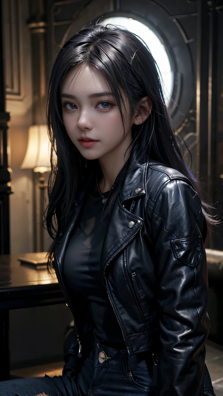 One girl, highest quality、masterpiece、超A high resolution、(2.5D illustration:1.4)、RAW Photos、1 girl、（silver hair blue eyes:1.1)、Glowing Skin、((Ultra-Realistic Details))、((Black Leather Jacket:1.2))、((Black denim pants:1.2))、Portrait、Global Illumination、Shadow、Octane Rendering, Facing forward、 Looking at the camera, beautiful, 30 years, compensate, Passionate look , Soft lighting, 2D background ,