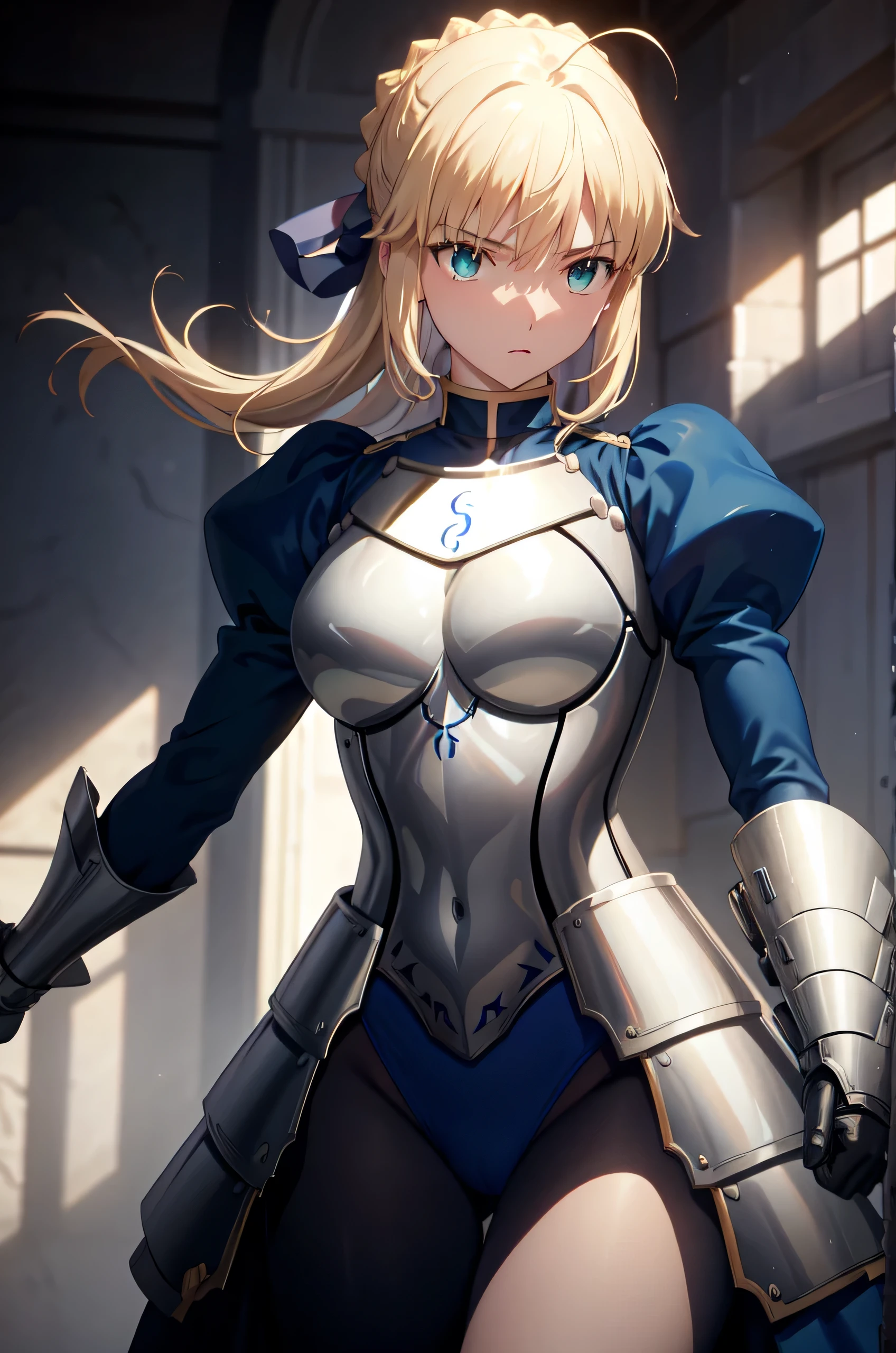 masterpiece、highest quality、High resolution、ph saver、ph Artoria、Anime Women、solo、Blue leotard、armor、Big Breasts、A woman with very large breasts、 armored leotard、Shine、Gauntlet、breastplate、leotard sleeve withan puffy sleeve、leotard bottom with an high leg、Hair Bun、Blonde、Green Eyes、braided ponytail、bangs、blue bow in hair、Upper Body、