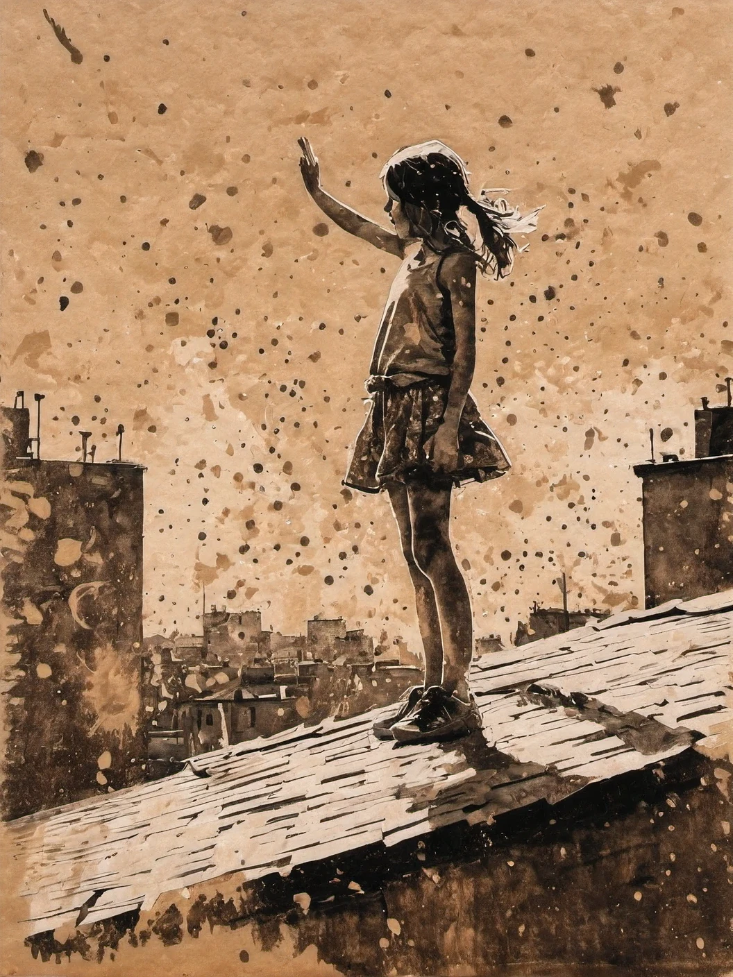 Ink splashes, image of girl 12 Y.O. Standing on the Rooftop on kraft paper in the technique of aerosol painting, ink, high resolution