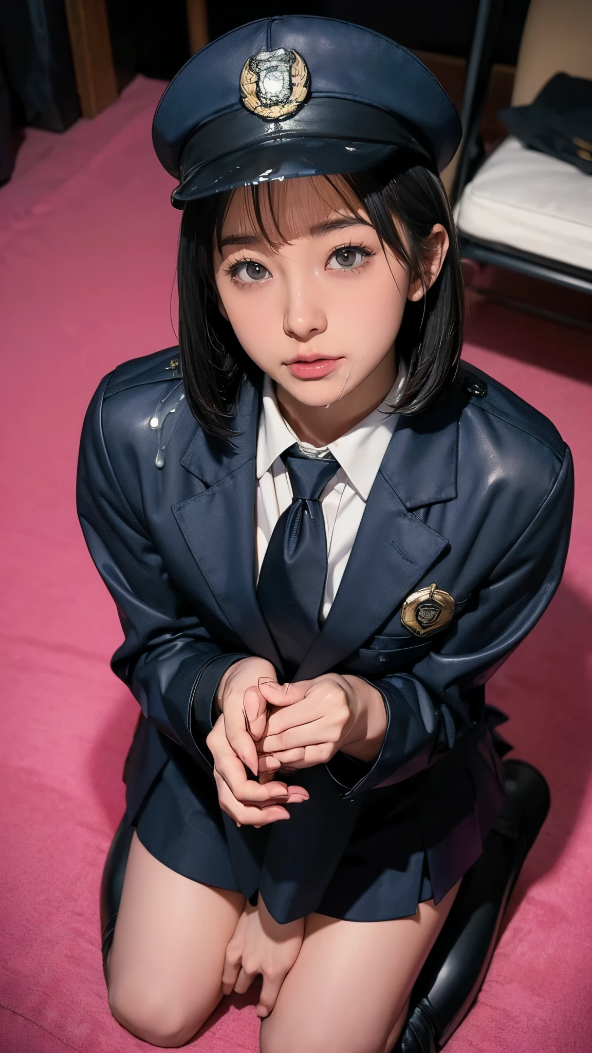 highest quality、masterpiece、8K、Realistic、超High resolution、Very delicate and beautiful、High resolution、Cinema Lighting、medium range shooting、Portraiture、With my hands on my head、Looking at the audience、Cityscape、(Short Bob、Black Hair)、((Female police officer:1.4、uniform、limited cap、Uniform button、tie、uniform jacket, Long sleeve))、Police Vehicles、Baton、handcuffs、wireless、Best、Leather shoes、name tag、Uniform patch、Bulletproof Best、Police Badge、skirt、boots、gun、Police Badge、Epaulettes、uniform skirt, (((Japan 13-year-old girl, slim, Cute type, facial, semen, From above, kneel)))