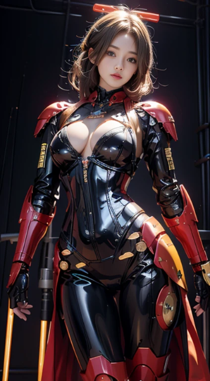 realisticlying, A high resolution, a 1 womone, hip-up, droid, Mecha Maiden,mechanicalparts, droid joints,single mechanical arm, Hoodie mecha, skin breast visible from bra Mecha, skin thight visible from underwear, cable on leg and thight, Mechanical Aura,star halo,Complex mechanical body suit, mecha corset, Full A, Red yellow mecha body