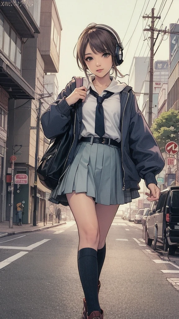 Anime Girls with headphones on walking across a busy city street, Beautiful anime school girl, Lofty Girl, Anime atmosphere, Anime Style 4 k, young Anime Girls, Anime Aesthetics, an Anime Girls, Anime Style illustration, retro Anime Girls, Anime Style. 8k, City Girl Fan Art, Tokyo Anime Scene, Anime Girls, Digital anime illustration, modern Anime Style