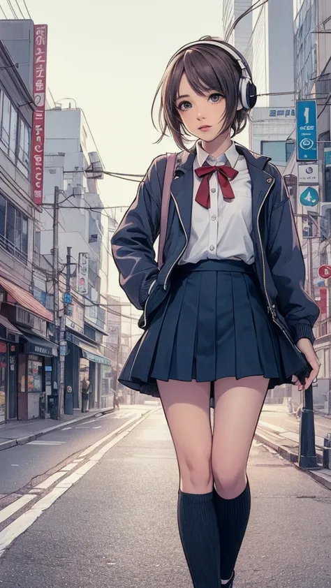 Anime Girls with headphones on walking across a busy city street, Beautiful anime school girl, Lofty Girl, Anime atmosphere, Ani...