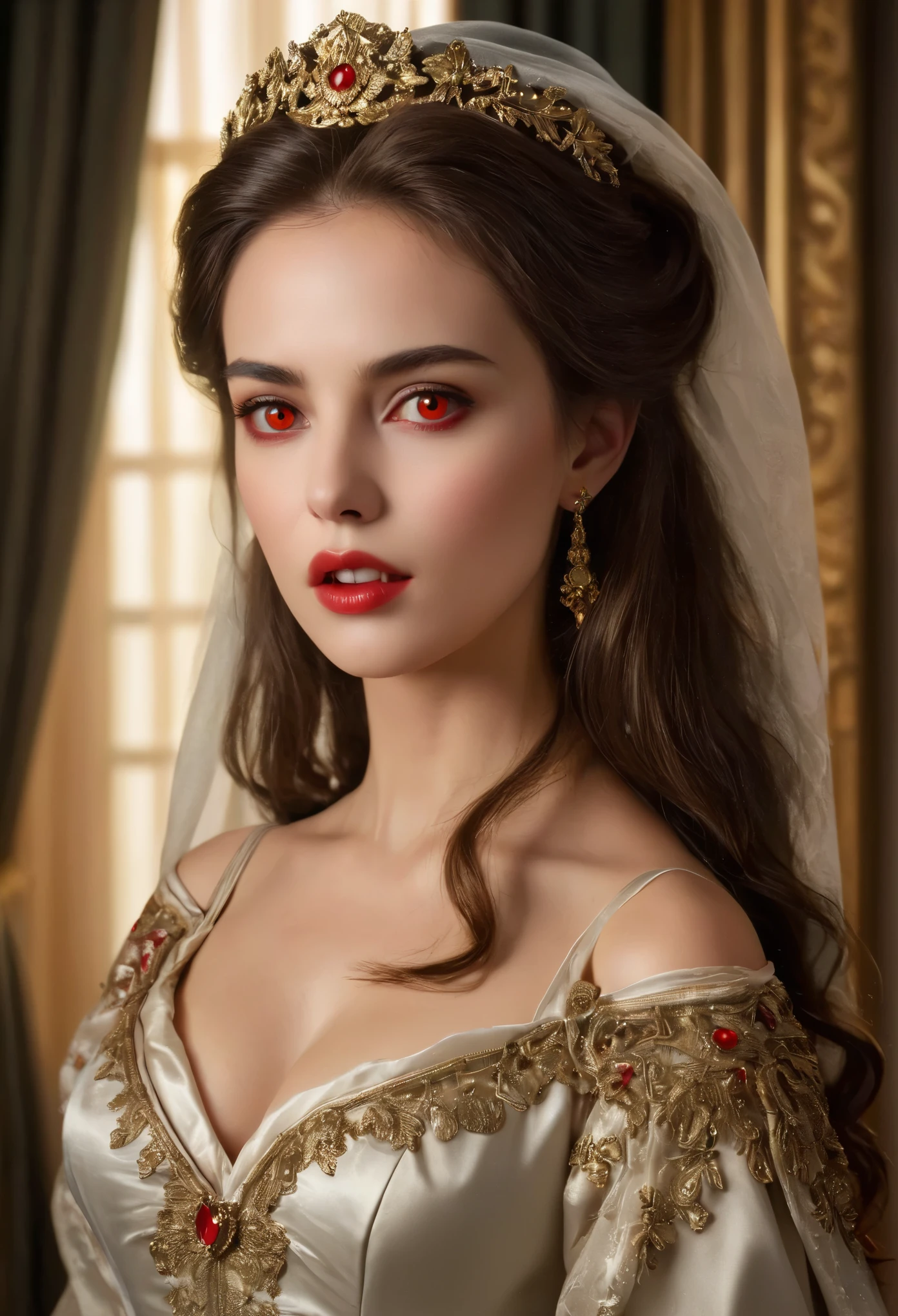 (高解像度,傑作:1.2),(現実的:1.37)比類のない美しさを持つ18世紀ロシアの吸血鬼の少女の肖像画. 彼女は魅惑的な赤い目と繊細なバラ色の唇を持っています. 長い牙, 肖像画は細部まで丁寧に描かれています., 彼女の特徴の微妙なニュアンスを捉える. 彼女は美しいシルクのガウンを着ています, 複雑なレースと繊細な刺繍で飾られた. この絵は当時の贅沢さを物語っている., 背景には豪華なベルベットのカーテンと金色の家具. 照明は柔らかく拡散している, 女の子を強調する&#39;優雅な美しさ. 色彩は鮮やかで豊かです, 魅力的なビジュアル体験を創造する. この肖像画は古典的な肖像画のスタイルで描かれている., 当時の有名な芸術家の作品を彷彿とさせる. それは優雅さを醸し出しています, グレース, 洗練さ. 鋭く長い爪, (深紅の目:1.4), 炎のように赤い目, (唇の隙間から鋭い牙が見える:1.8), 首に噛み跡がある.２穴が2つあります