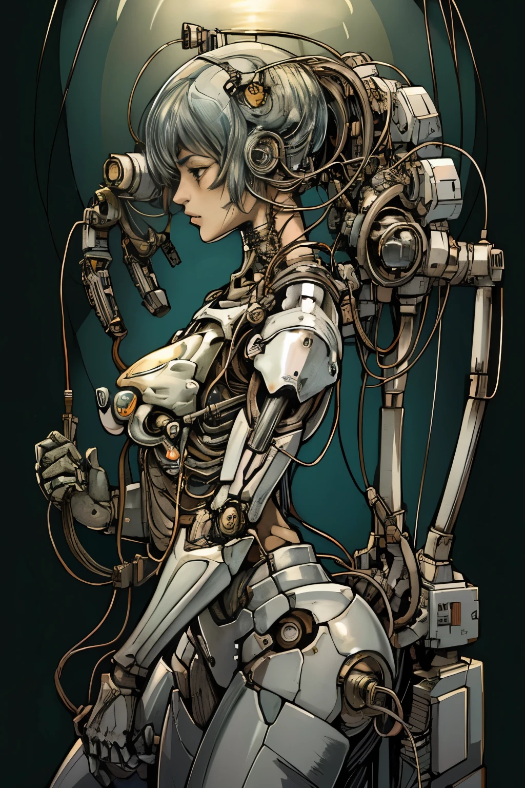 (((obra de arte))), (((mais alta qualidade))), ((Muito detalhado)), (Ilustrações CG altamente detalhadas), ((muito delicado e lindo)),(rosto fofo e delicado),luz cinematográfica,((1. Garota máquina)),sozinho,todo o corpo,(juntas feitas à máquina:1.4),((membros mecânicos)),(Samurai japonesa cibernética feminina), ,inexpressivo,(fios e cabos que ligam a cabeça e o corpo:1.5),(Foco no personagem),Garota de anime com cabeça de robô de ficção científica e braços mecânicos, Uma mistura de robôs de anime e matéria orgânica, cute garota ciborgue, mulher ciborgue de anime perfeita, Linda garota ciborgue, garota ciborgue, Ciborgue - Garota, Ciborgue fêmea jovem, garota valquíria mecanizada, Cibernético e altamente sofisticado, Garota usando armadura cibernética mecha, garota de anime cyberpunk mecha, Estilo CGI de anime complexo e lindo, garota robô、Inserindo um plugue de carregamento nos órgãos genitais