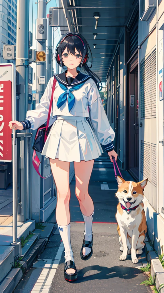 (masterpiece), (highest quality:1.4), (Ultra-high resolution:1.2),  Highly detailed background, (unity 8k wallpaper), Cute high school girl walking through the streets of Tokyo with headphones on。Illustrations inspired by city pop culture、Sailor suit、Wear loose socks for a stylish and nostalgic look、Displaying one subject without splitting the screen、、expensive