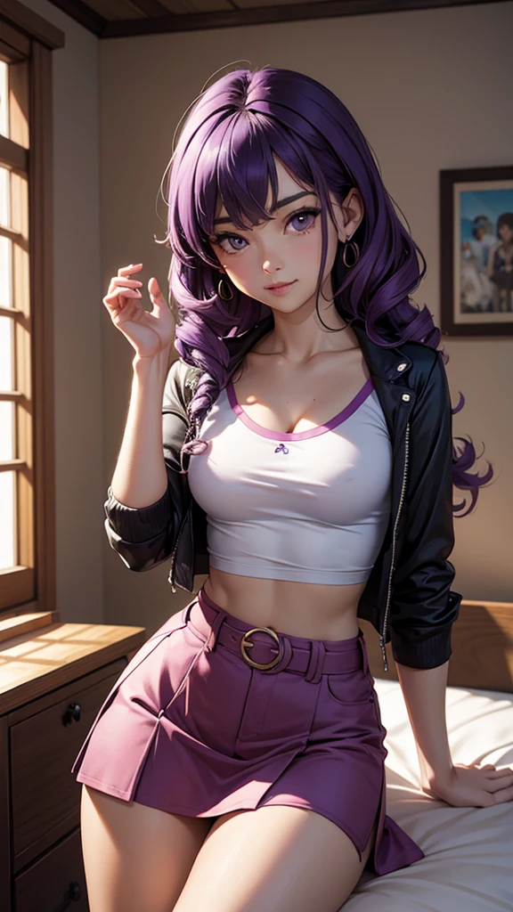 (masterpiece), (best quality), (detailed), light layer, 1solo girl, young girl, perfect body, purple hair in curls, defined large chest, small waist,defined collarbone, ultra realistic, photorealistic, detailed, ,Enhance, wearing a anime shirt and mini skirt, bedroom background