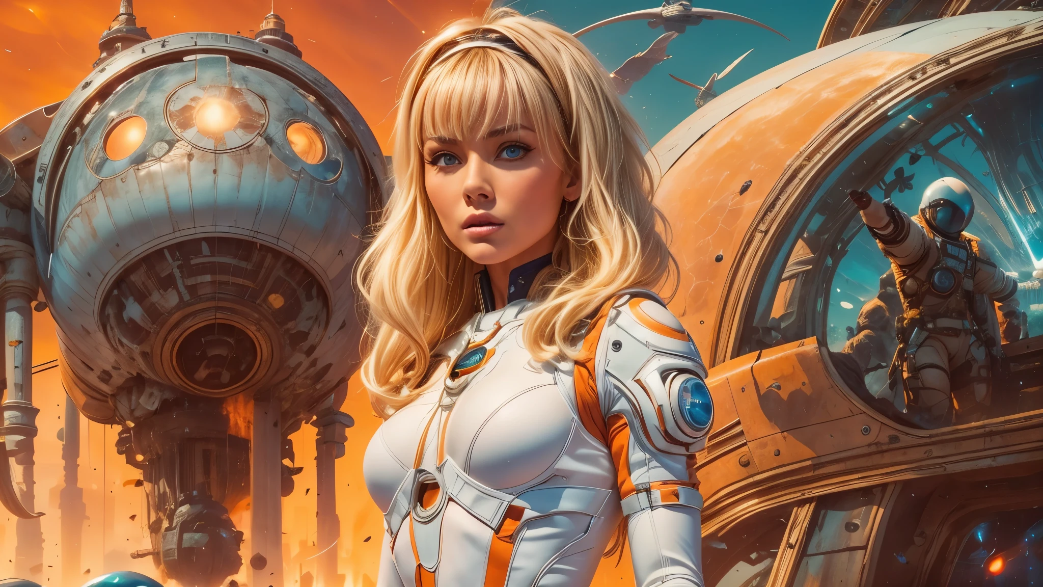 arafed image of a white woman in a futuristic suit with a spaceship in the background, movie art, in front of an orange background, inspired by Robert McGinnis, female protagonist, megastructure in the background, portrait of an ai astronaut, astronauts, an astronaut, portrait of a astronaut skeletor, perfect android girl, detailed eyes, perfectly detailed teeth, frank franzzeta and sakimichan  