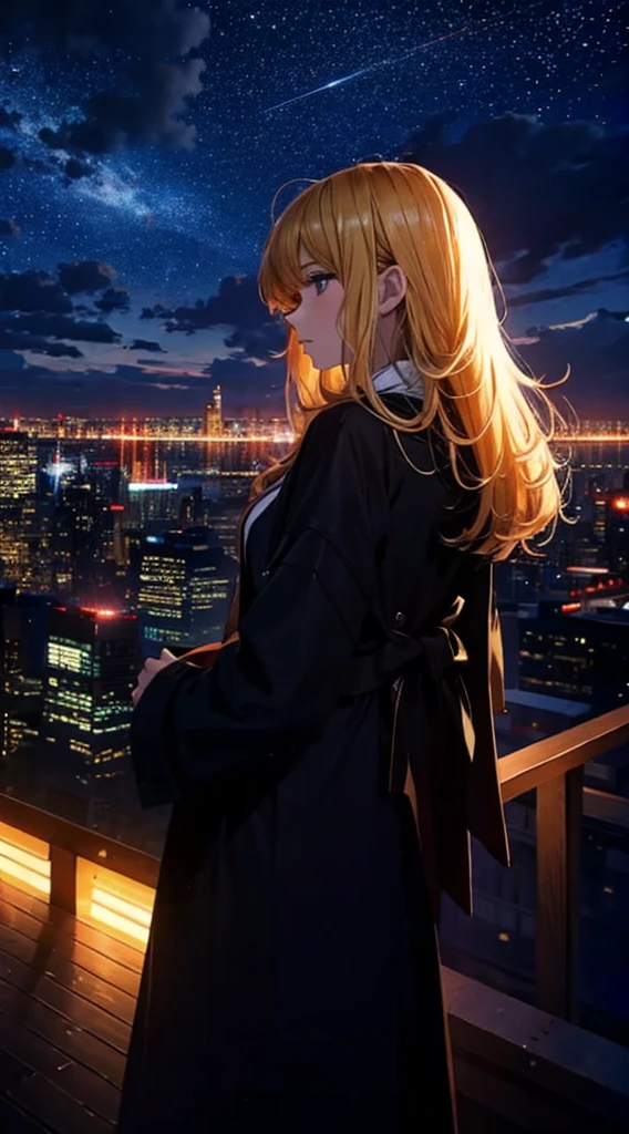 １people々々々々々々々,Blonde long-haired woman，Long coat， Dress Silhouette， Rear View，Space Sky, comet, Anime Style, City night view from the rooftop，