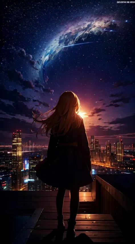 １people々々々々々々々,blonde long-haired woman，long coat， dress silhouette， rear view，space sky, comet, anime style, city night view fr...