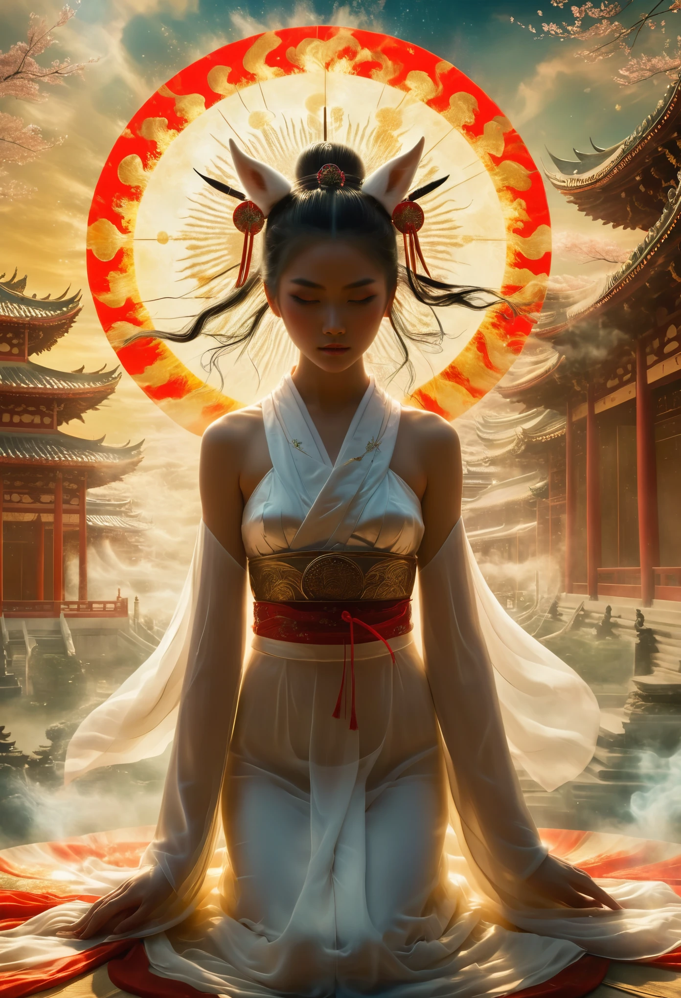  Photography of Amaterasu set against a grand palace backdrop, enveloped in a fantastical and dreamlike ambiance that merges Japanese myth with surreal and ethereal elements. The high-resolution photo captures the divine beauty of Amaterasu, the sun goddess, radiating a celestial glow against the backdrop of the mystical palace. The scene exudes a sense of magic and wonder, transporting viewers into a realm where mythology and imagination intertwine seamlessly, creating a visually captivating fusion of reality and the supernatural,xianxia